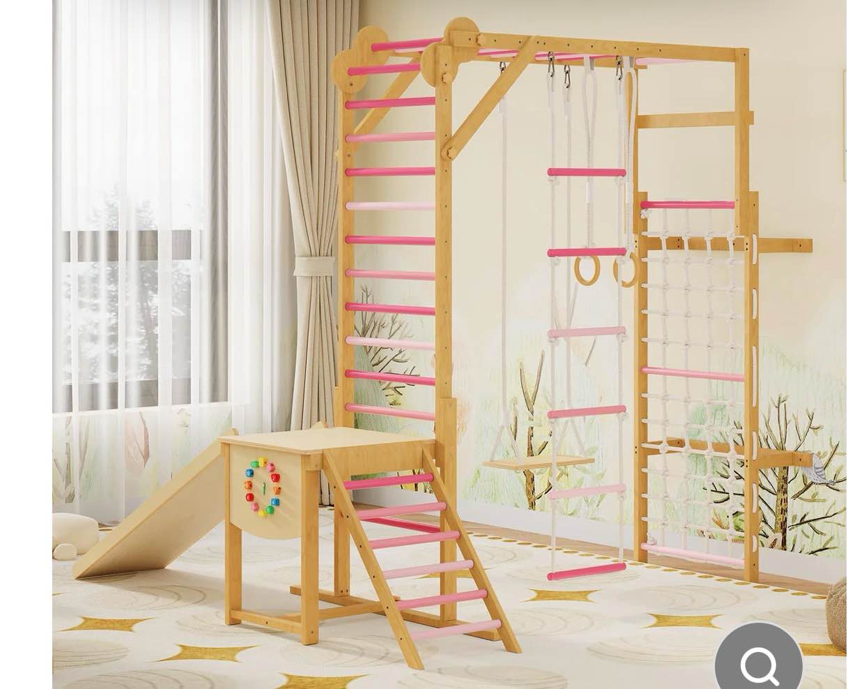 Garvee 8-in-1 Indoor Jungle Gym for Kids 3-10 with Slide, Swing, Monkey Bars, Solid Wood, Climbing Rope, Gymnastic Rings, Pink, Indoor Playroom