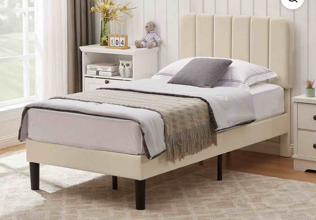 VECELO Twin Upholstered Platform Bed Frame with Adjustable Headboard, Strong Wood Slats Support, Mattress Foundation, No Box Spring Needed, Easy Assembly, Beige