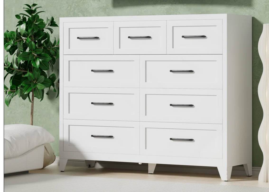 9 Drawer Tall Dresser White Metal Storage Cabinet with Smooth Gliding Drawers Space-Saving Chest Of Drawer for Bedroom