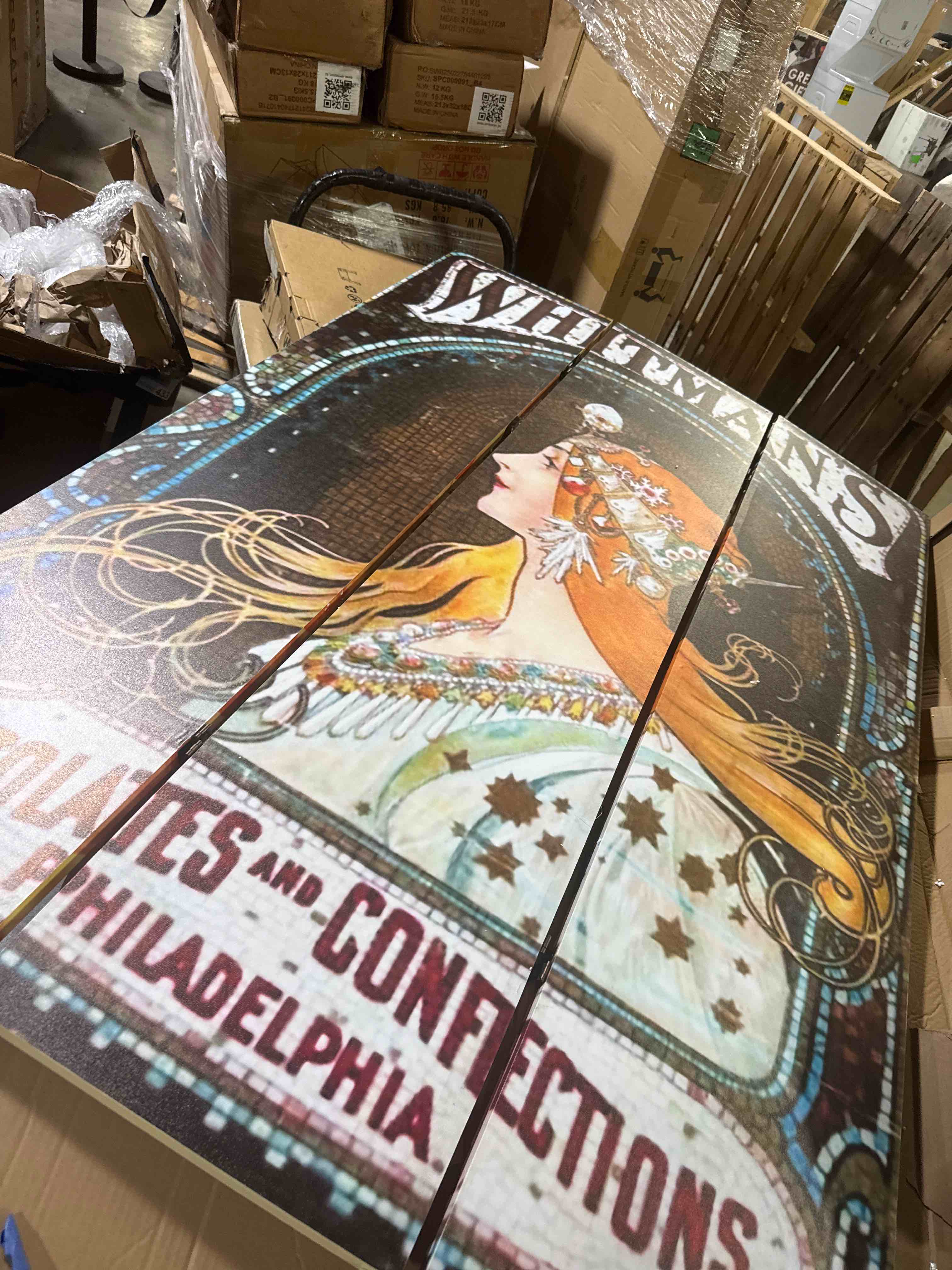 Condition photo showing New/Like New for red lantern 6 ft. tall double sided vintage art canvas room divider, confections