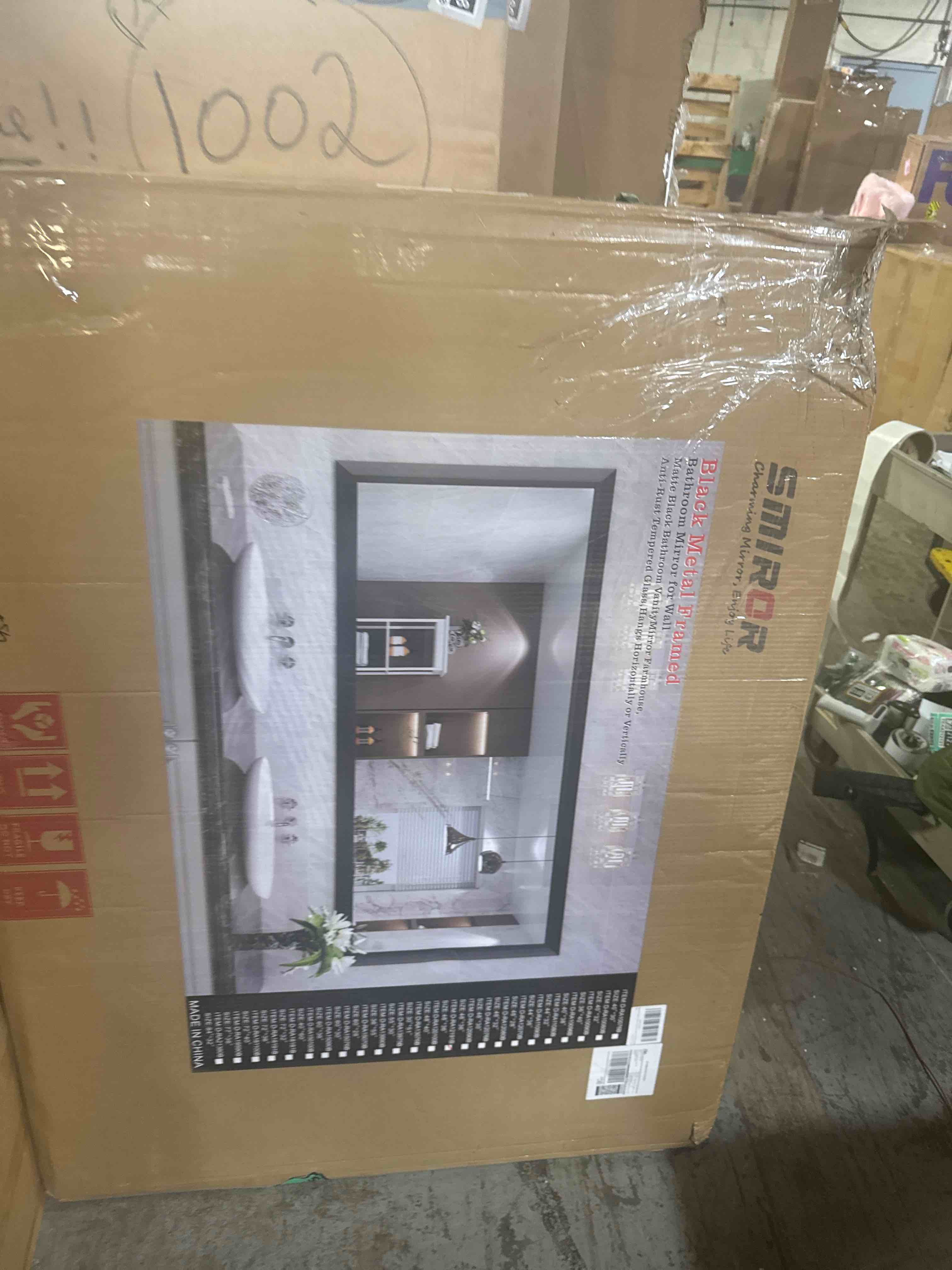 Condition photo showing New/Like New for smiror matte black bathroom mirror for over sink 48x 36 inch, metal thick frame rectangle vanity mirror for wall, anti-rust, horizontally or vertically mounted black 48"l x 36"w