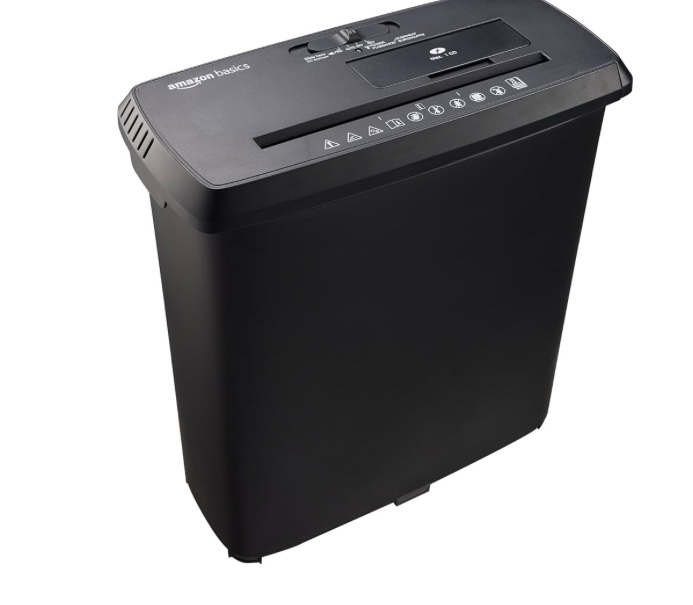 Amazon Basics 8-Sheet Strip Cut Paper, CD, and Credit Card Shredder, 3.4 gallons, Black