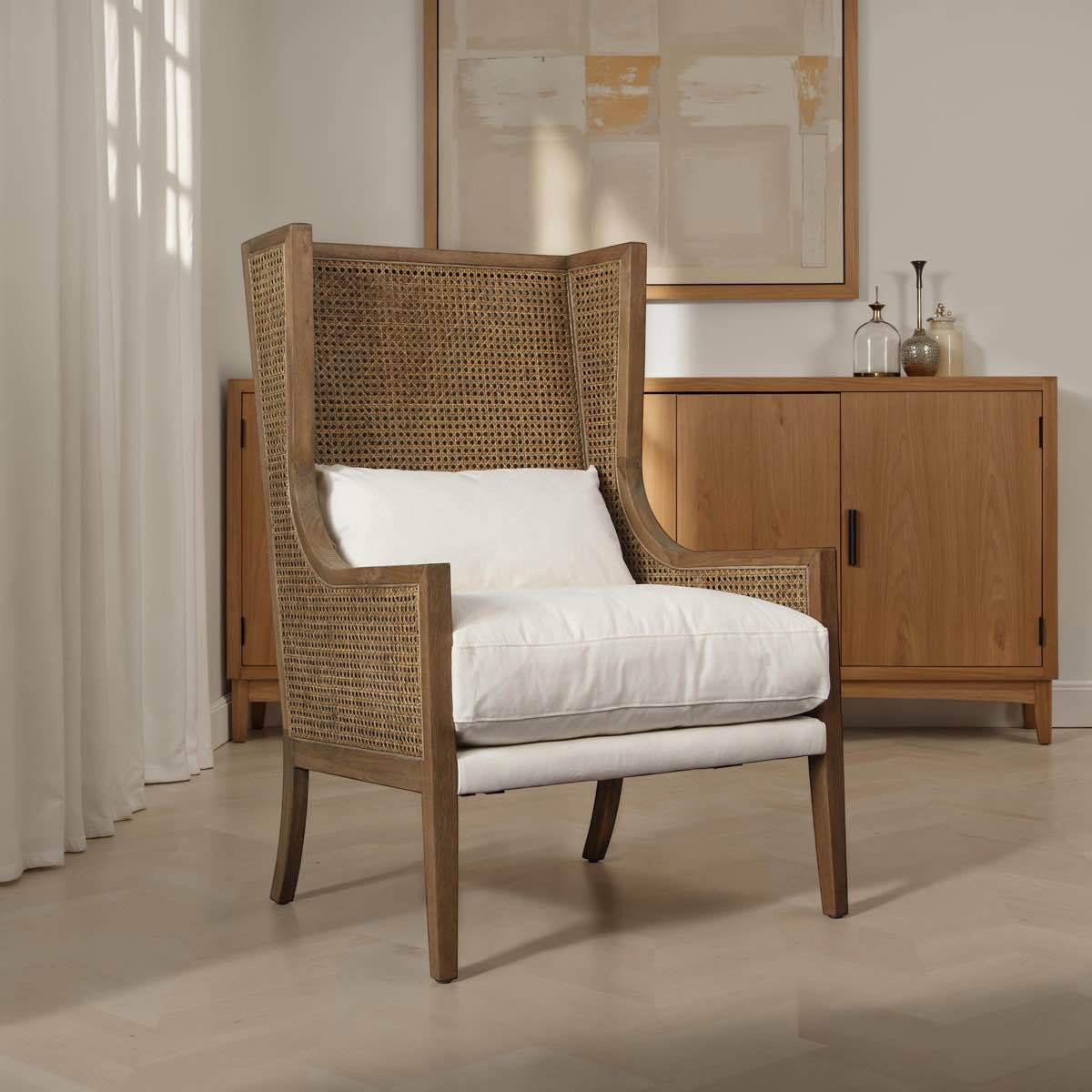 Remmie Cotton Performance Fabric and Oak Wingback Accent Chair w/ Rattan Accents