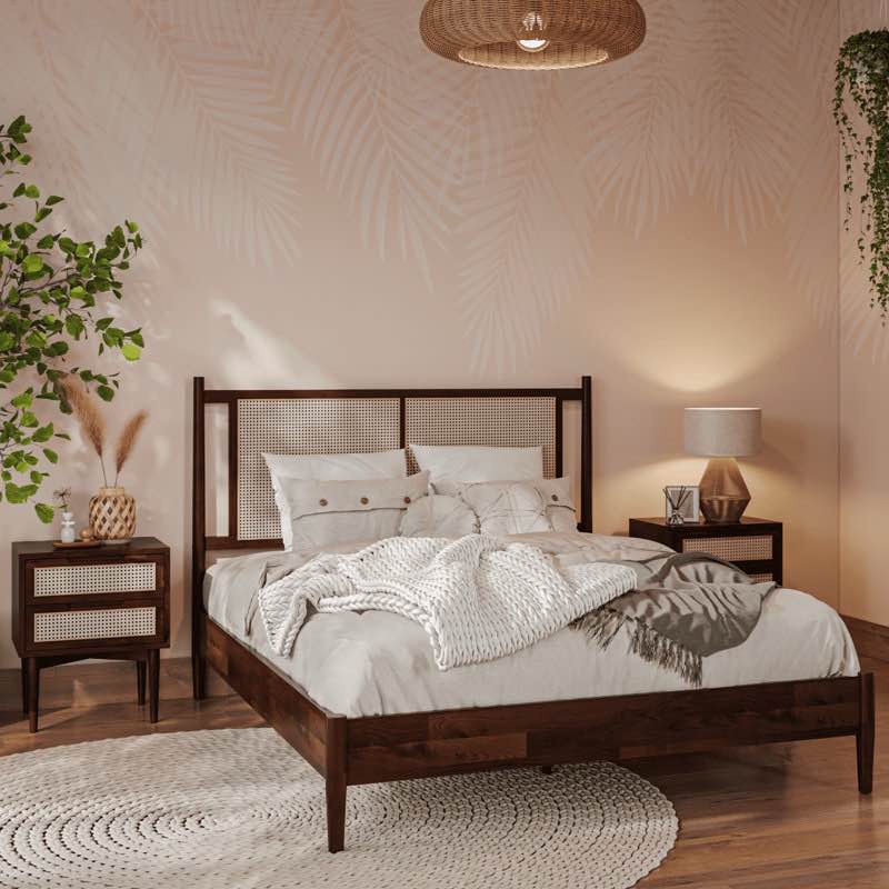 Oliver Solid Wood Rattan Platform Bed with Headboard, Rattan Frame