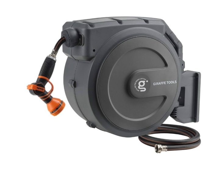 Giraffe Tools Retractable Garden Hose Reel 1/2 Inch x 130 ft, Super Heavy Duty, Any Length Lock, Slow Return System, Wall Mounted and 180 Deg Swivel Bracket