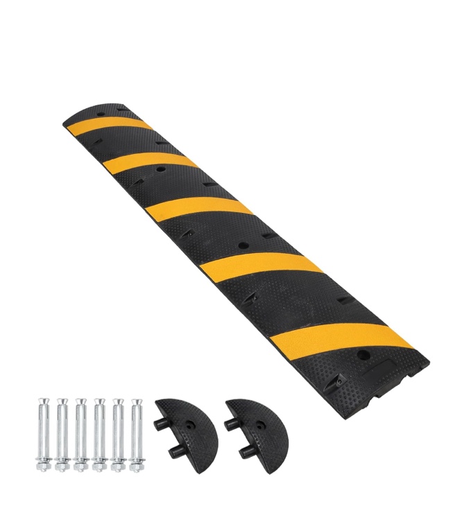 Recycled Rubber Speed Bump 6ft 2Pack - Industrial-Grade for Asphalt, Temporary Use for Driveways, Durable Rubber Design, Ideal for Neighborhood Roads (6FT 1pcs with caps)