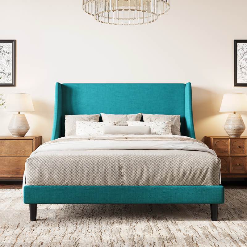 Bowdoin Modern Linen Upholstered Wingback Platform Bed with Wooden Slats