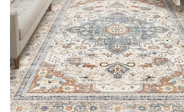 8x10 Area Rug Living Room Rug - Large Soft Machine Washable Boho Vintage Stain Resistant Floral Bedroom Rug Neutral Farmhouse Low Pile Distressed Carpet for Dorm Dining Room