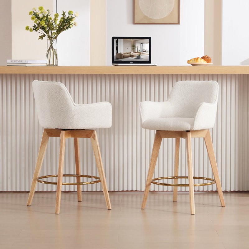 Lovetro Swivel Full Back Arms Upholstered 25.8"H Counter Stool with Solid Rubberwood Frame and Gold Footrest (Set of 2)