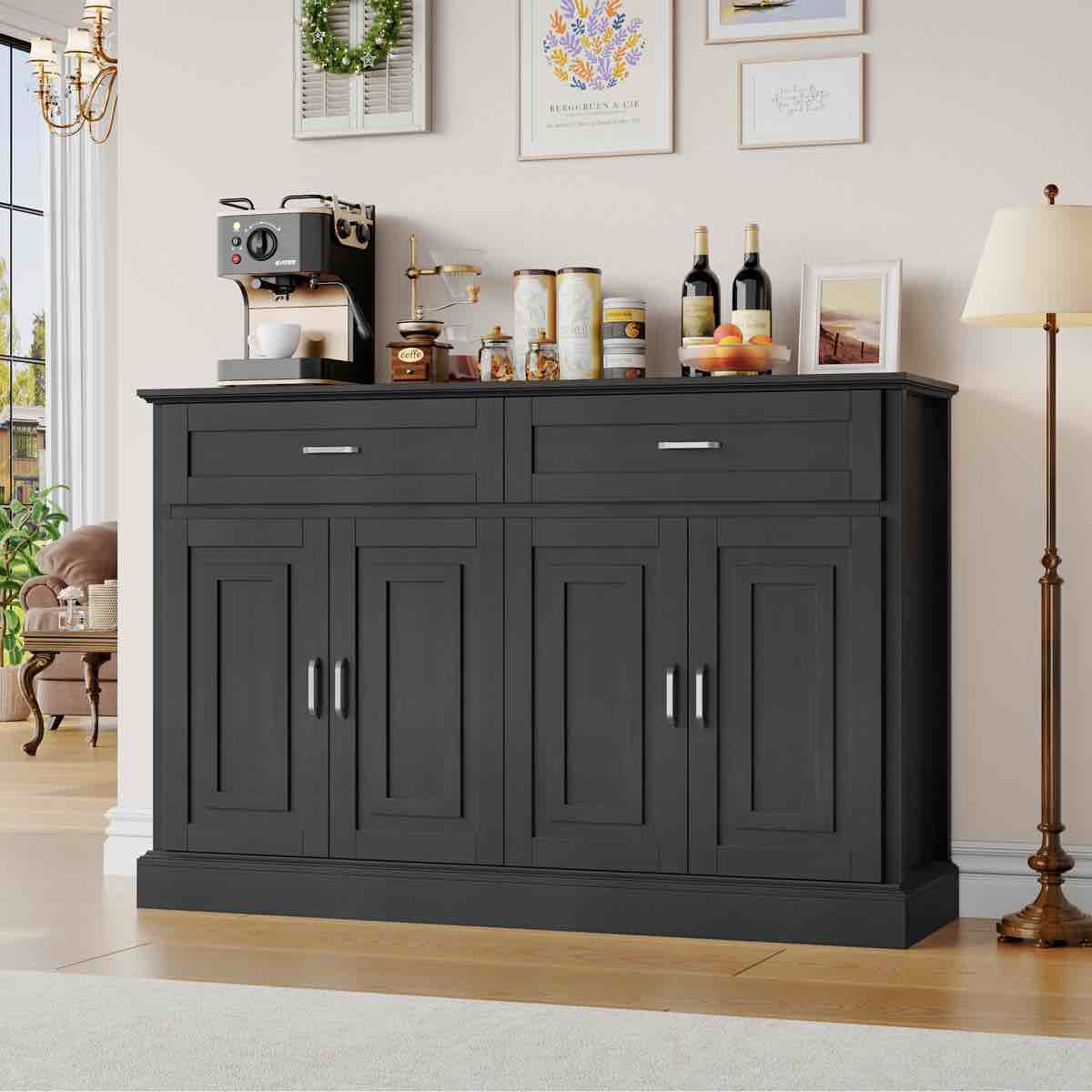 Gaume 55.1'' W Kitchen Sideboard with 2 Wide Drawers, Adjustable Shelves
