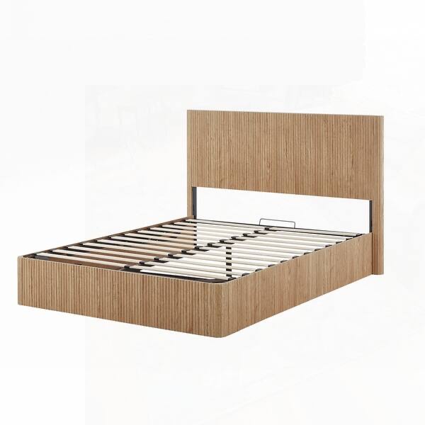 Wooden corrugated curved lines Lift Up Storage Bed Frame with Hydraulic Storage