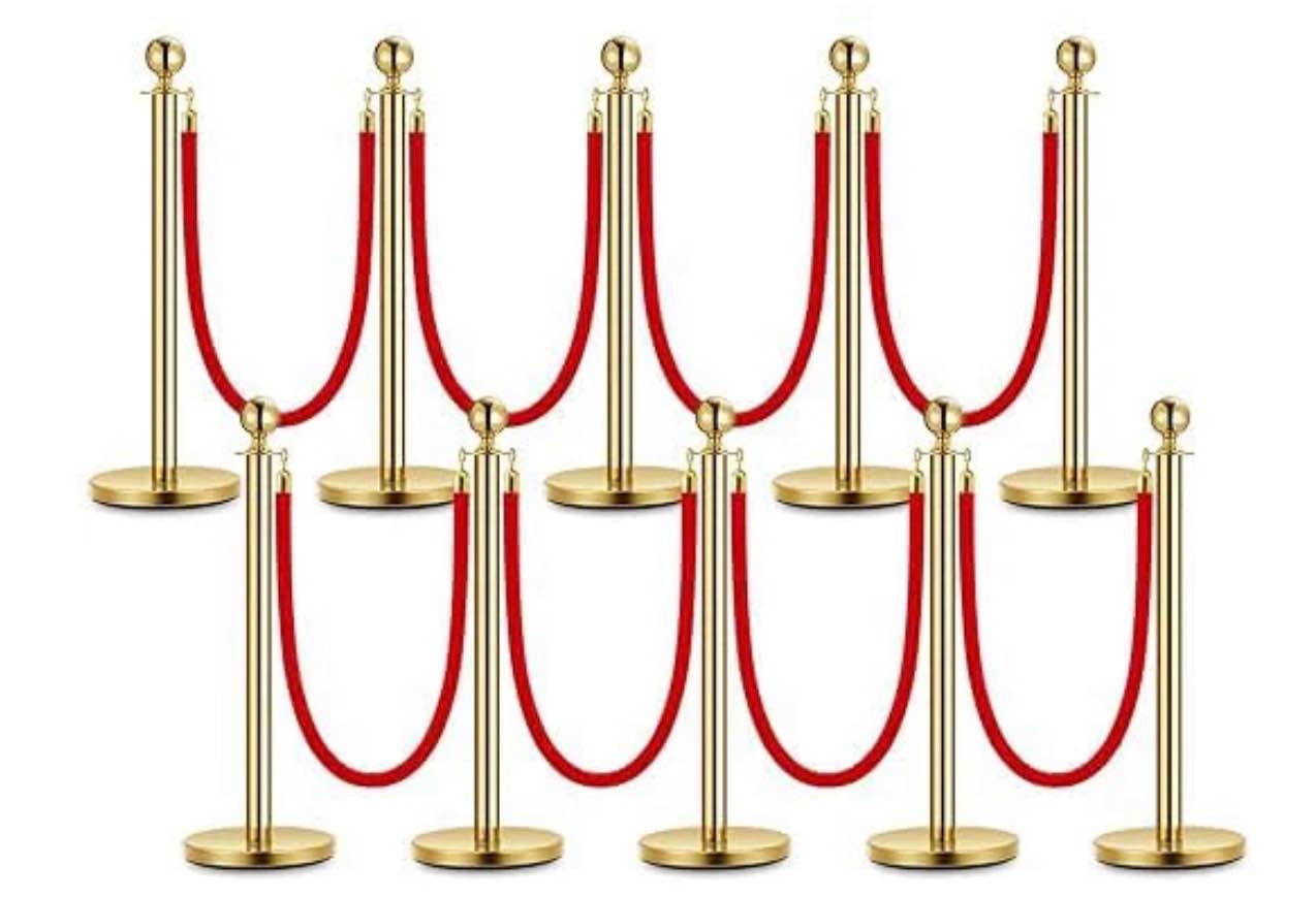 Garvee Gold Stanchion Post with Red Velvet Rope, Stainless Steel, Elegant Crowd Control, Quick Assembly, 5 Ft, Ideal for Theaters & Weddings