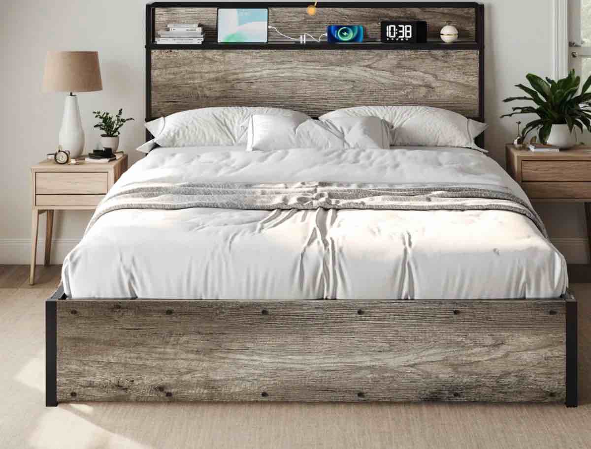 Shila Lift Up Queen Bed Frame & Charging Station Rustic Gray