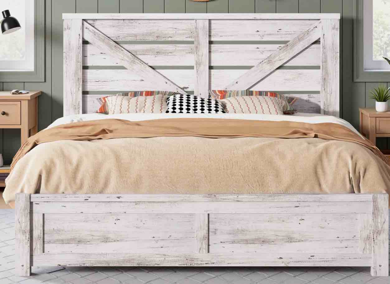 Tryston Farmhouse King Bed Frame with 49.2" Barn Door Headboard White