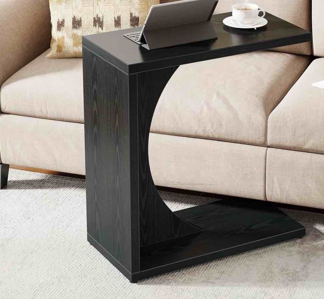 C-Shaped End Table for Couch, C Table for Sofa, Side Table for Living Room, Bedroom (1, Black)