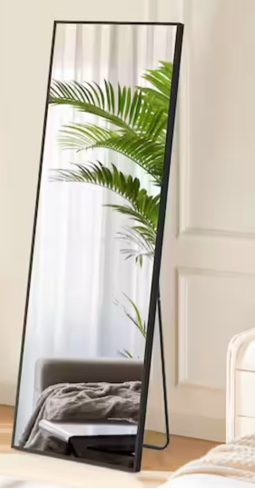 16 in. W x 59 in. H Aluminum Alloy Frame Black Full Body Floor Mirror with Floor Stand and Wall Mounted Hooks