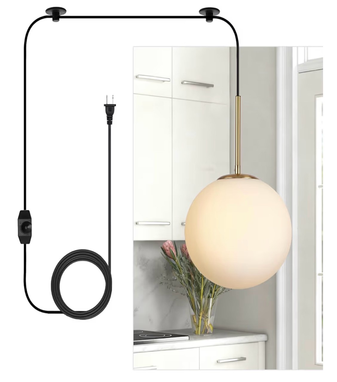 10" Globe Plug in Pendant Light, Mid Century Modern Hanging Ceiling Lights with Plug in Cord for Dining Room, Bedroom, Kitchen Island, Brushed Brass Gold & Milk White Glass Shade
