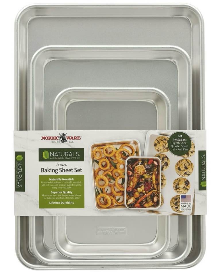 Nordic Ware Naturals 3 Piece Aluminum Bakeware Set with Jelly Roll, Quarter & Eighth Sheet Rectangular Cookie & Baking Sheet Pans