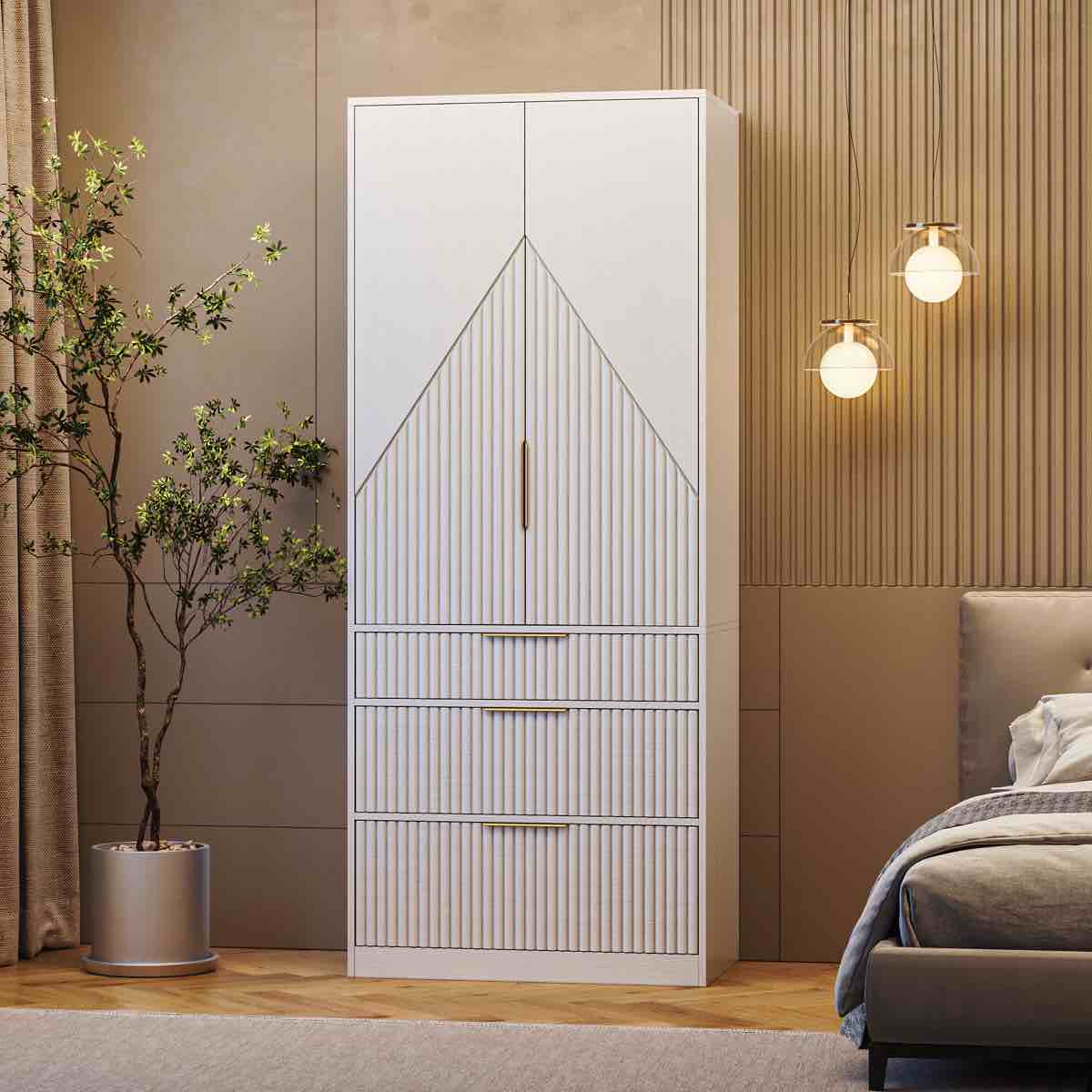 2 Doors Armoire Wardrobe With Three Large Drawers And Hidden Storage