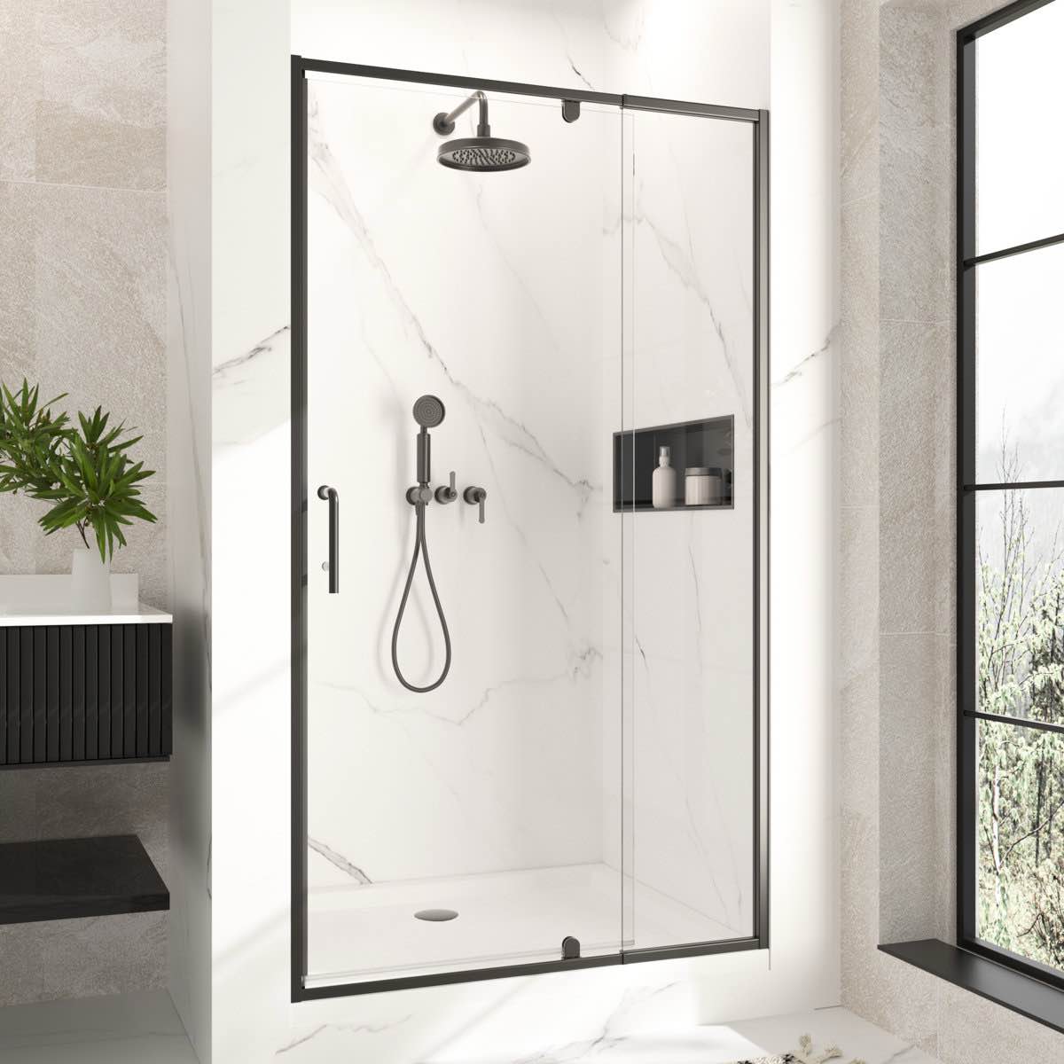 38-42"w x 72"h pivot semi-frameless glass shower door sd003bk4272