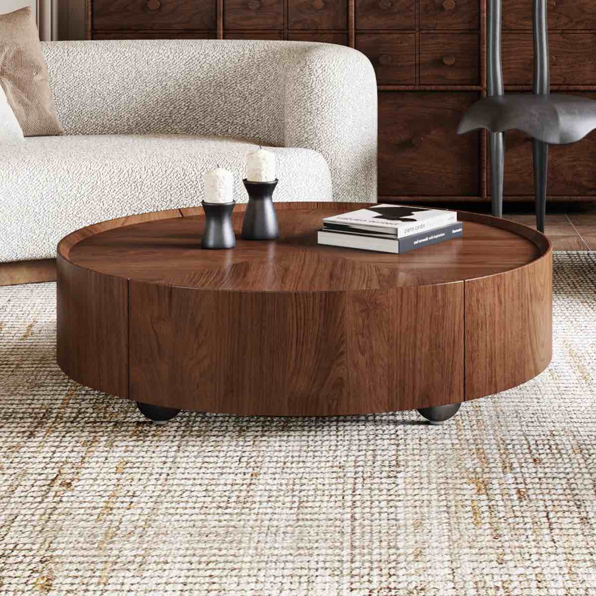 Minimalist Walnut Round Coffee Table with Storage Drawers, Modern Living Room Center Table with Silent-Glide Drawers, Easy Assembly