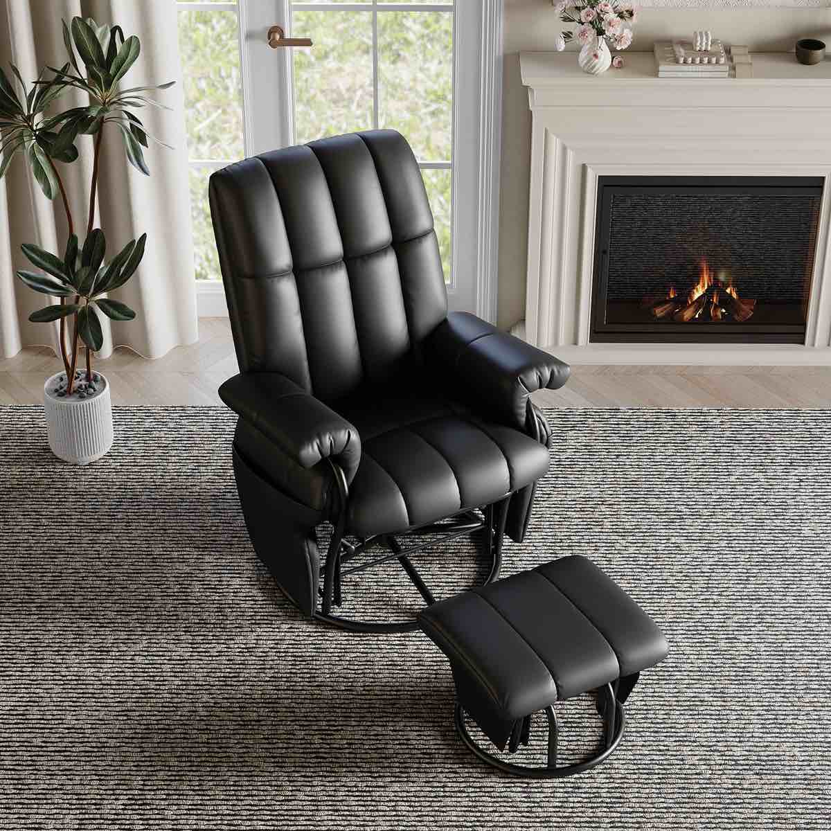 360°Swivel Glider Rocking Faux Leather Recliner Chair With Ottoman
