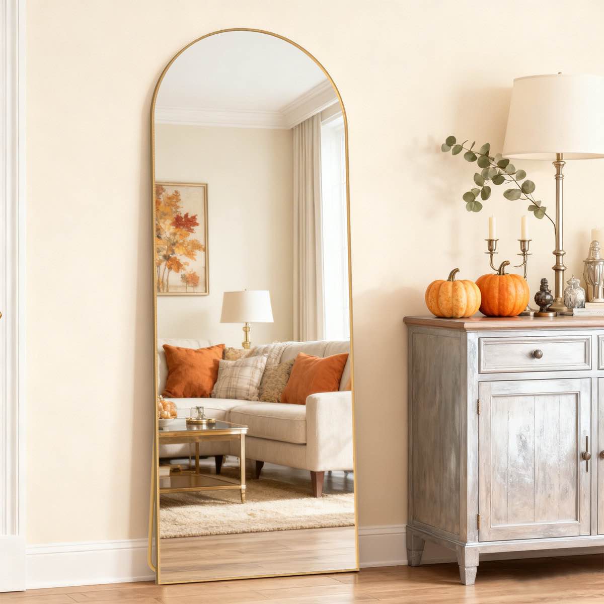 arched full-length mirror, aluminum alloy frame, tempered glass floor mirror