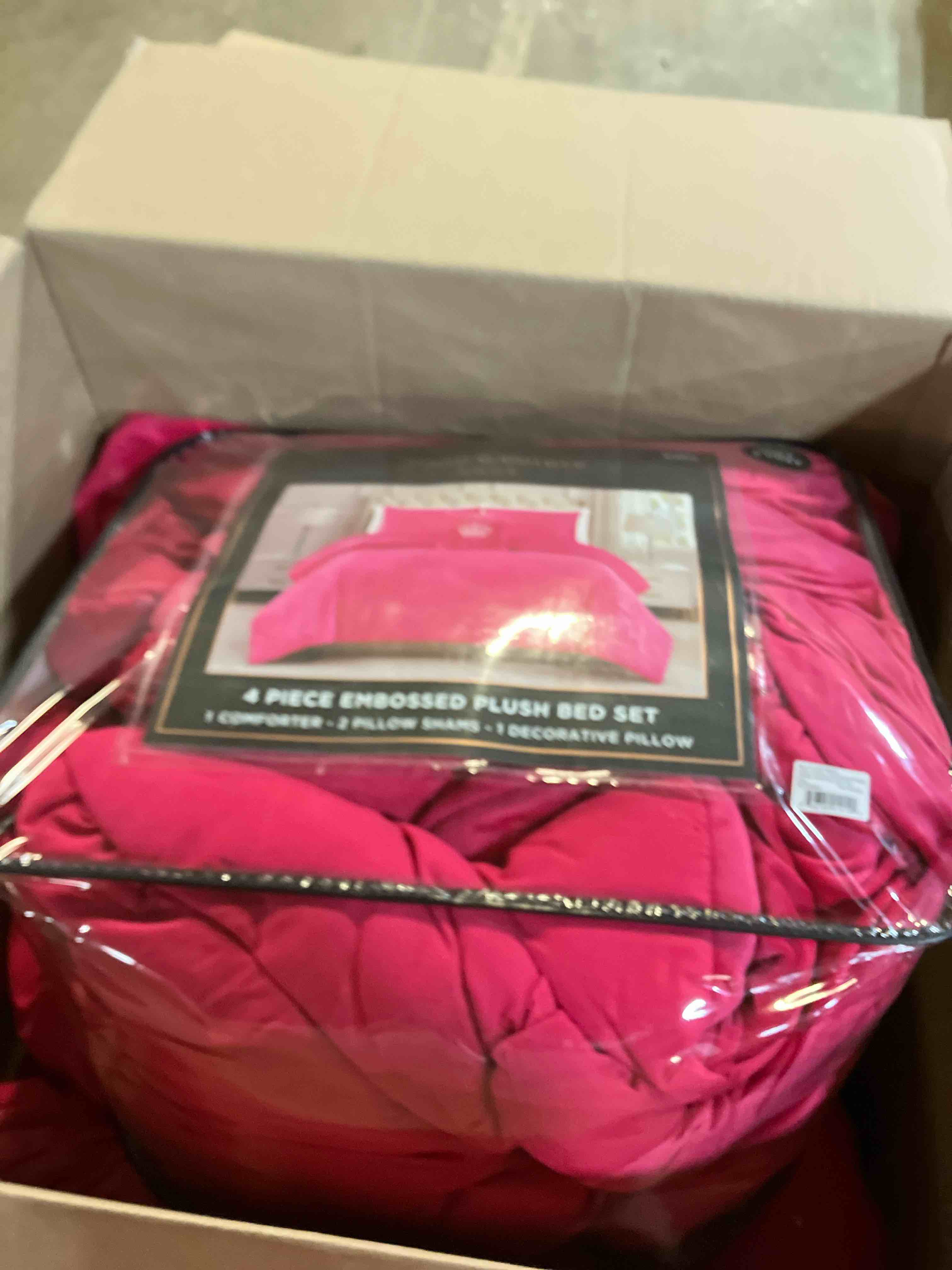 Condition photo showing Good Condition for Juicy Couture Plush Reversible Embossed Crown 4-Piece King Comforter Set with Decorative Pillow, Hot Pink