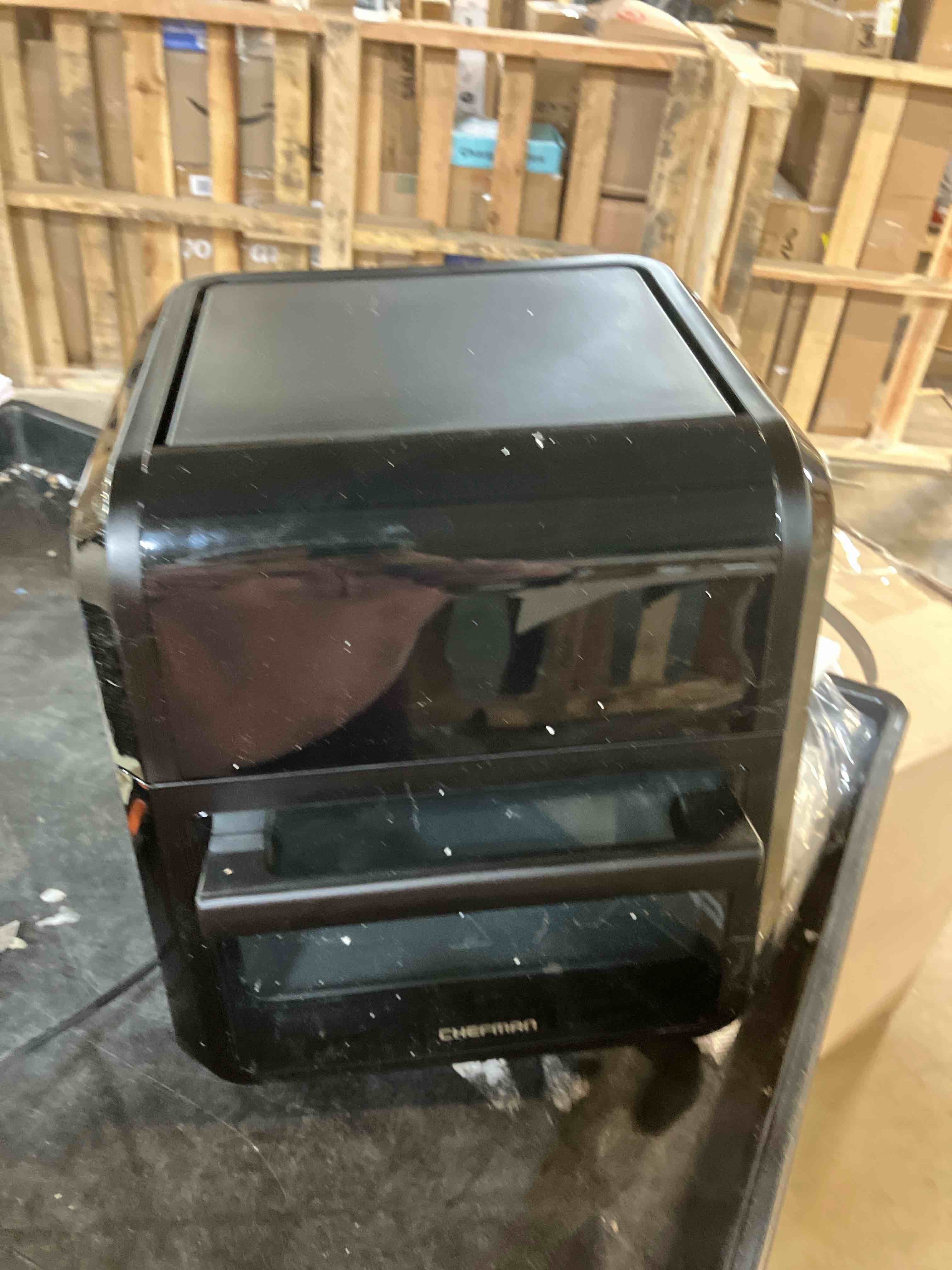 Condition photo showing Good Condition for CHEFMAN ExacTemp™ 12 Quart 5-in-1 Air Fryer with Integrated Smart Cooking Thermometer, 28 Touchscreen Presets, Rotisserie, Dehydrator, Bake, XL Convection Oven with Auto Shutoff, Black