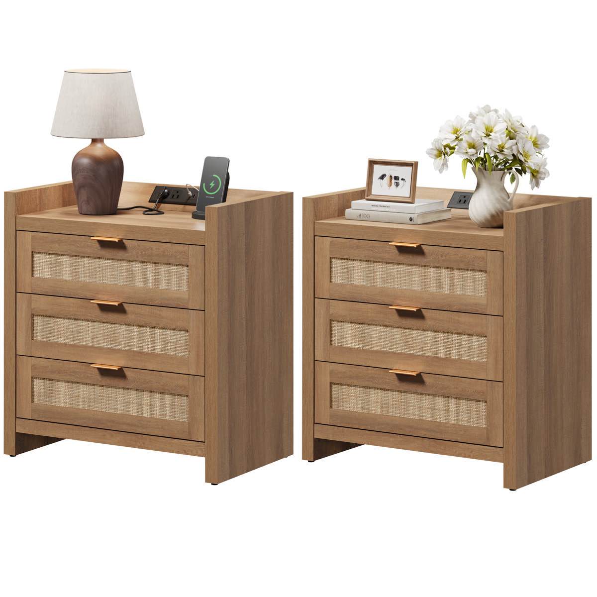 Condition photo showing Good Condition for Ashvir Rattan 3-Drawer Nightstand With Built-In Outlets (Set of 2)