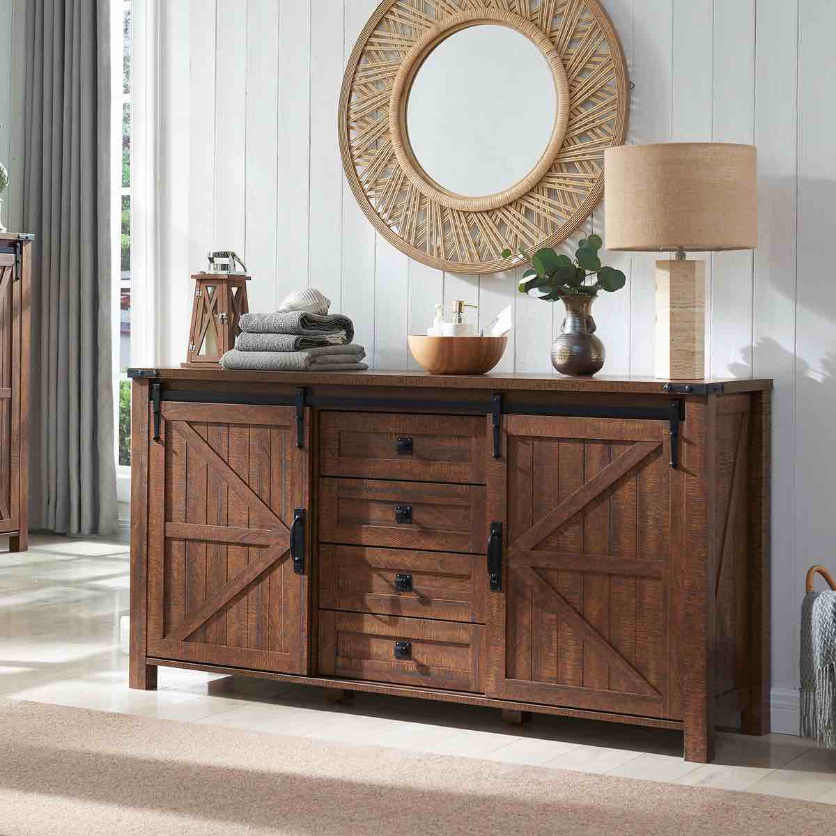 Condition photo showing Good Condition for Texola 60" W Farmhouse Chest of Drawers, Wood Bedroom Dresser with 4 Drawers & Sliding Barn Doors By Gracie Oaks