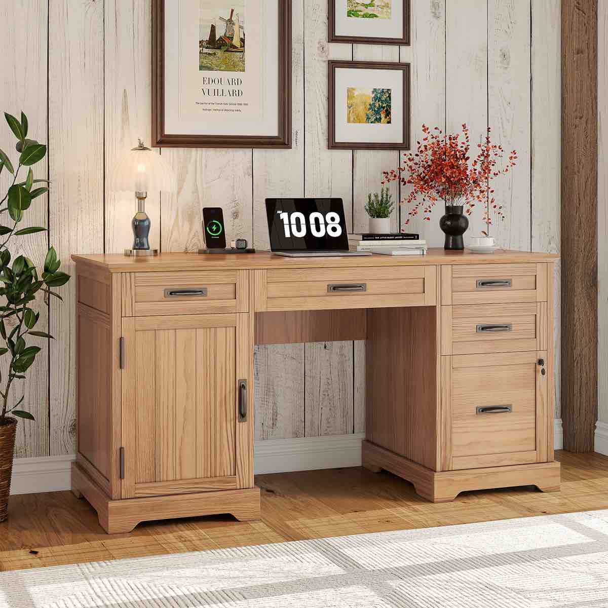 Clabe 55'' Farmhouse Executive Desk with Drawers, File Cabinet and Power Outlets By August Grove®