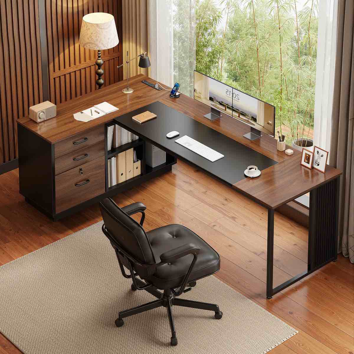 Condition photo showing Good Condition for L-shaped Office Desk With Steel-wood Frame, Executive Desk With Extra-large Desktop, Home Office Desk With Multi-functional Storage Cabinet, Workstation With Open Shelves & Drawers, Modern Desk With Durable & Stable Construction By Latitude Run®