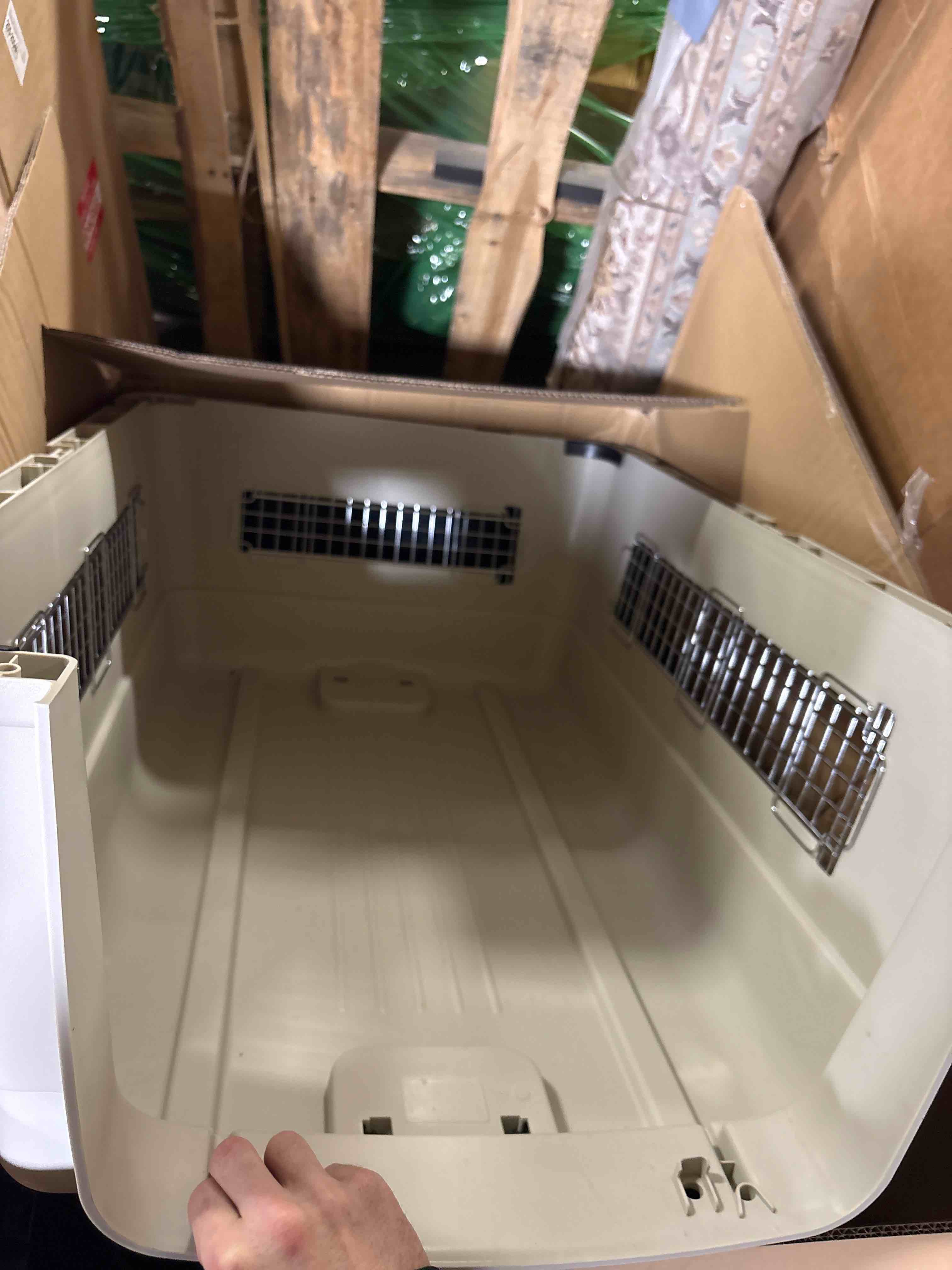 Condition photo showing New/Like New for SportPet Designs Plastic Kennels Rolling Plastic Wire Door Travel Dog Crate, XXL 2e) XX-Large (Cream/Gray)