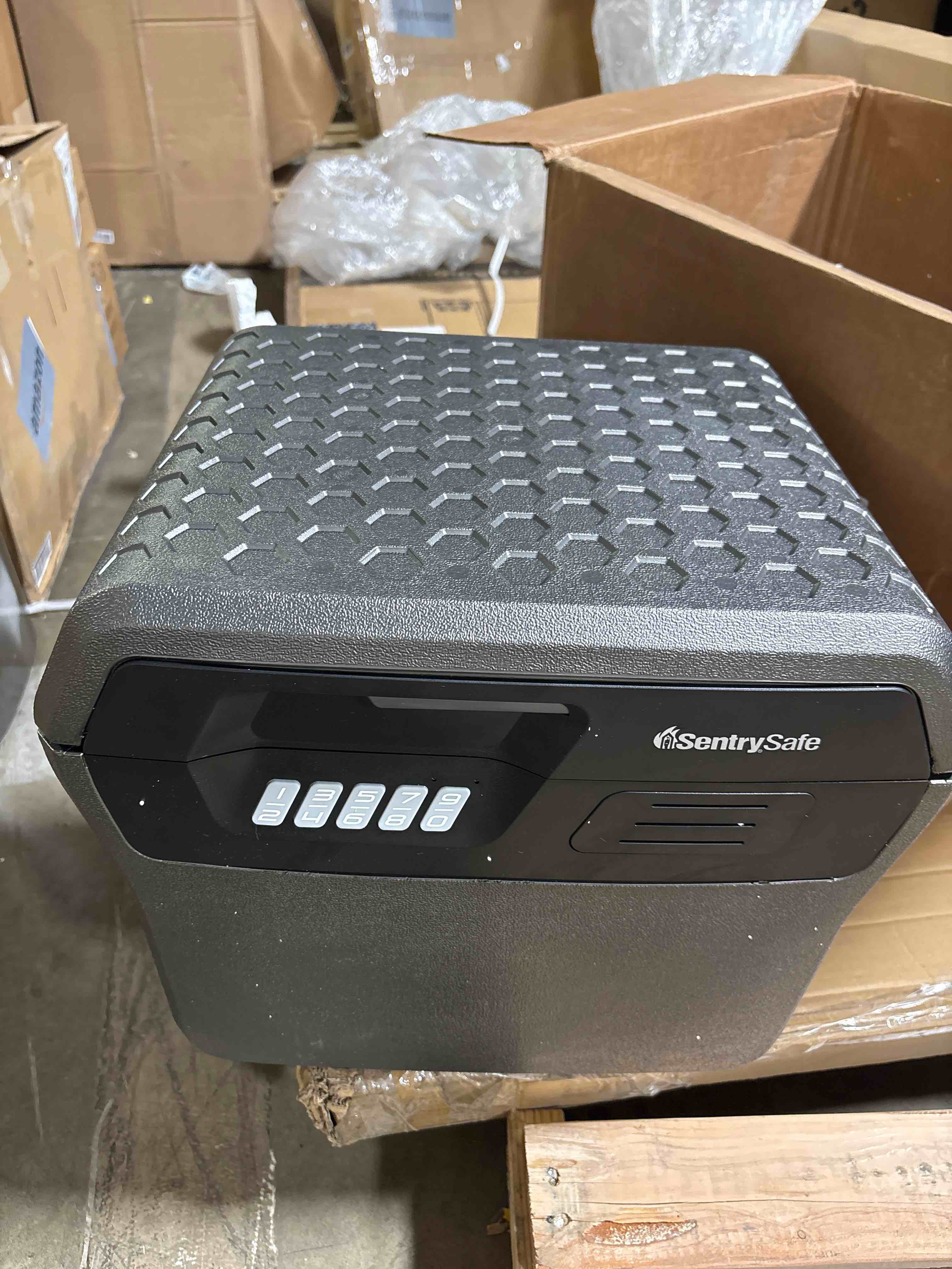 Condition photo showing As Is for SentrySafe Charcoal Gray Waterproof and Fireproof Safe, Lock Box with Keypad for Documents and Hanging File Folders, Exterior: 14.1 x 16.6 x 13.8 Inches, ?FHW40300 DIGITAL KEYPAD LOCK