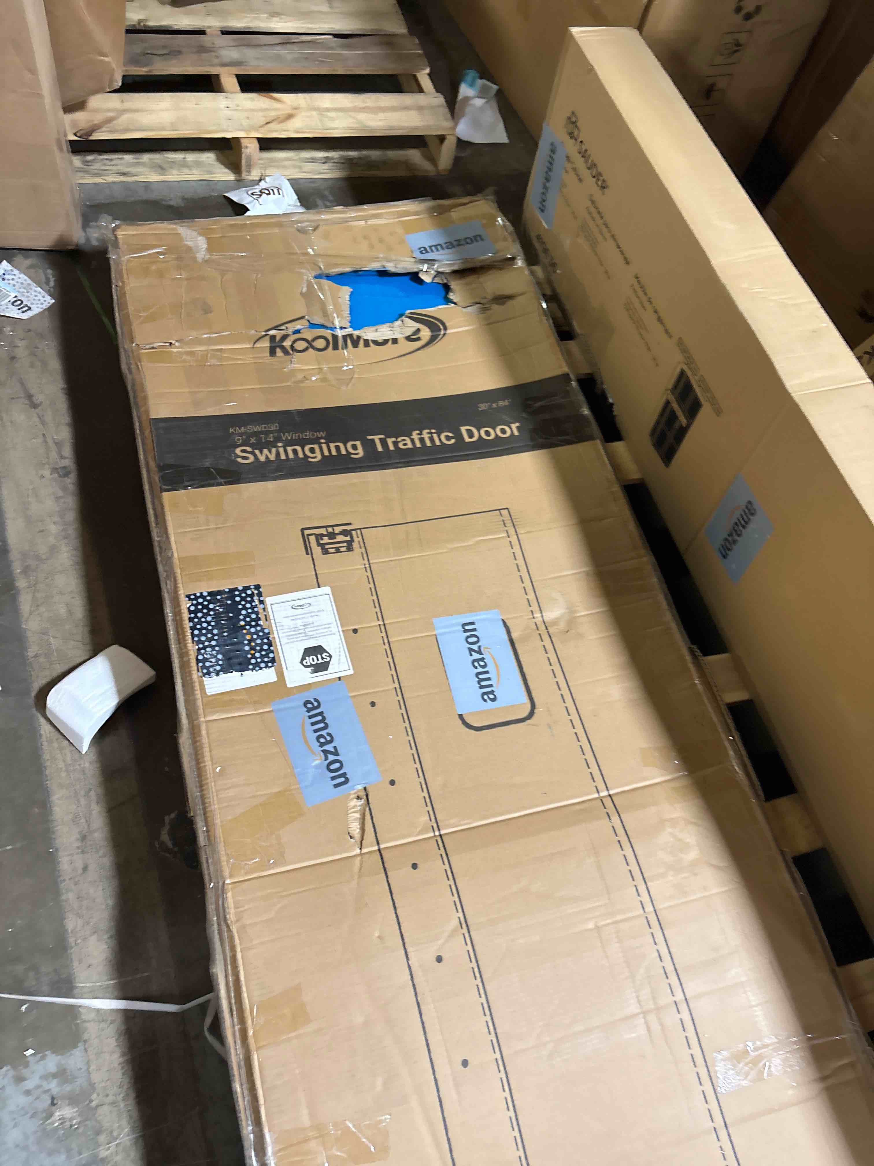 Condition photo showing As Is for Koolmore Single Aluminum Swinging Traffic Door 9" x 14" Window - 30" x 84" Door Opening Ideal for Restaurant Retail and Commercial Kitchens