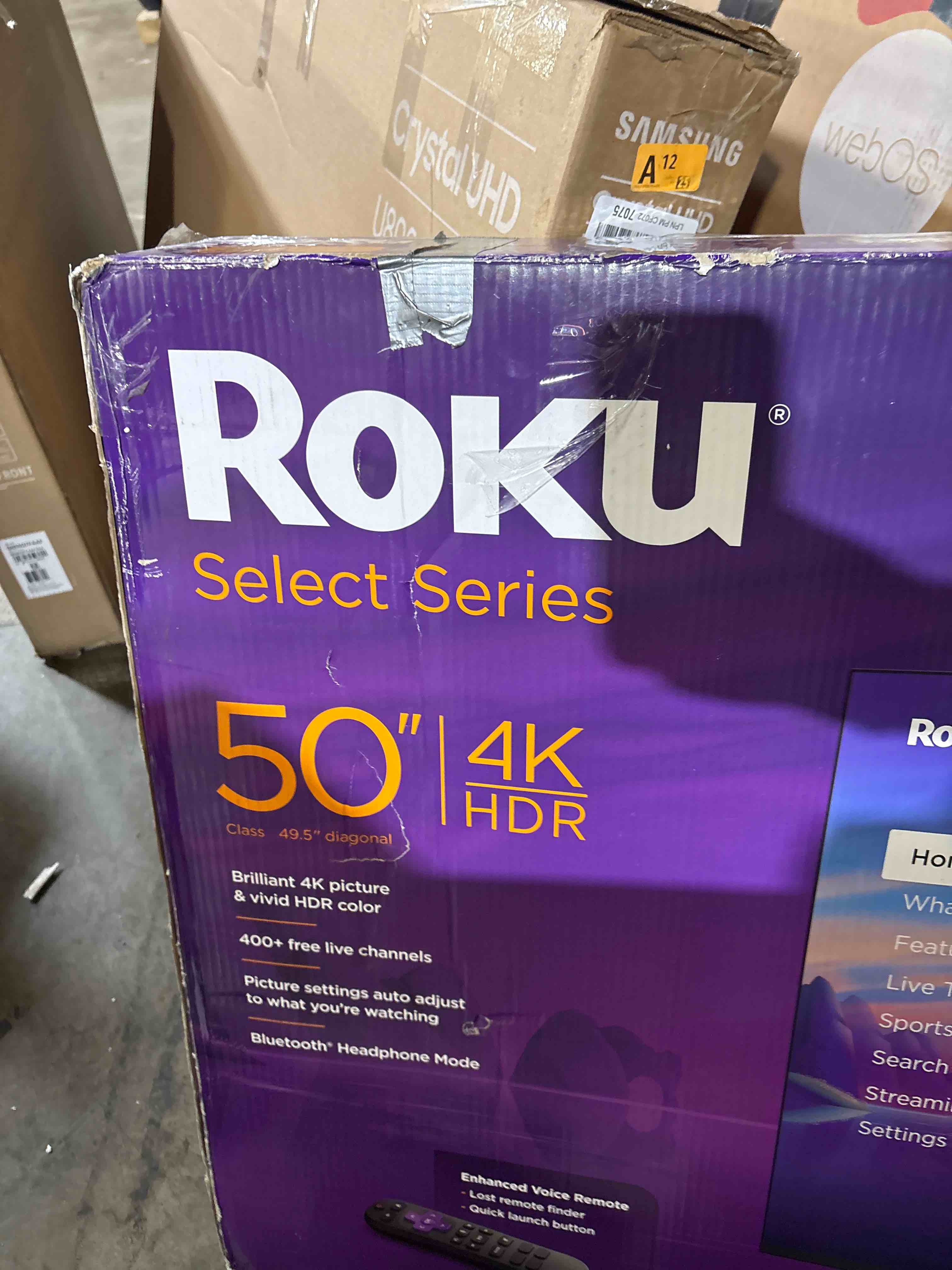 Condition photo showing As Is for Roku Smart TV 2025 – 50-Inch Select Series, 4K HDR TV – RokuTV with Enhanced Voice Remote – Flat Screen LED Television with Wi-Fi for Streaming Live Local News, Sports, Family Entertainment TV only 50"