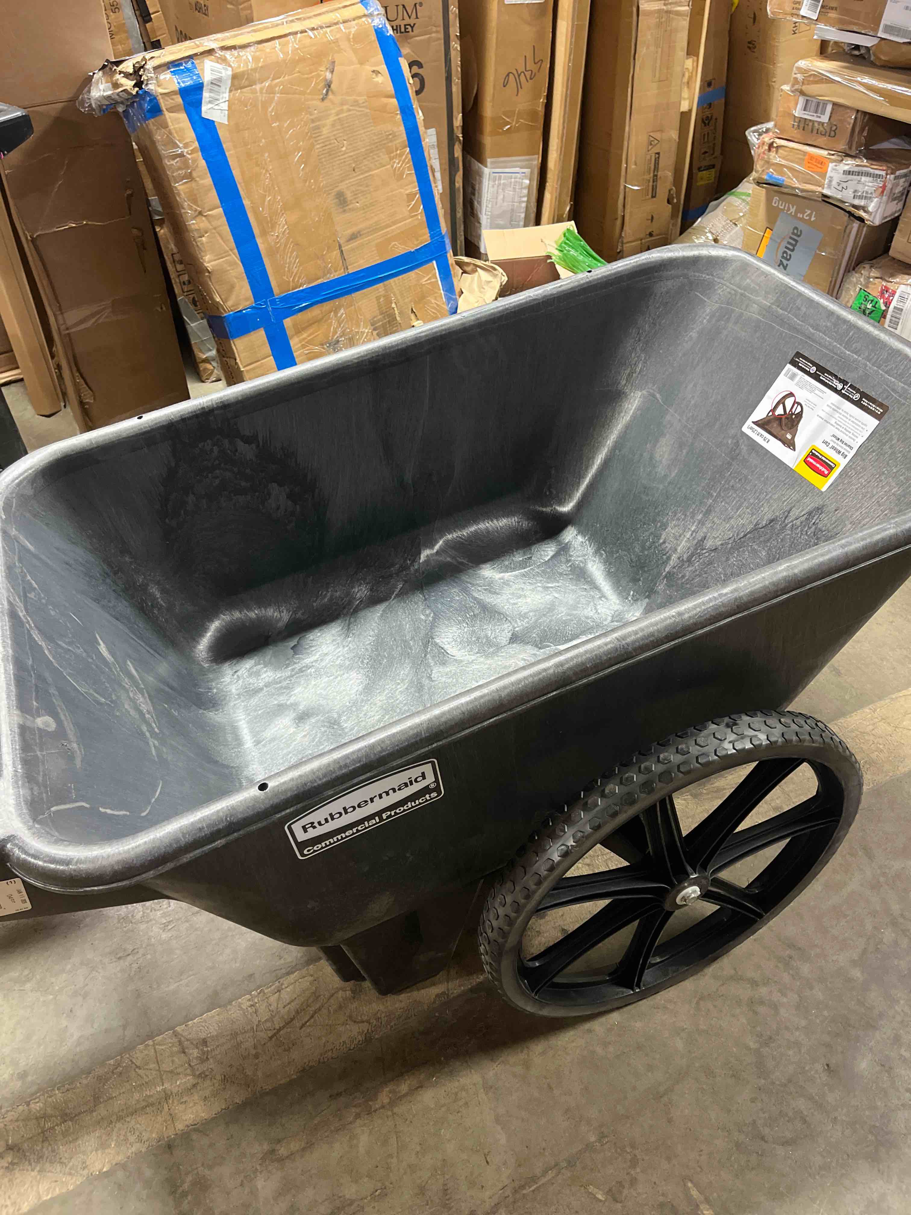 Condition photo showing New/Like New for Rubbermaid Commercial Big Wheel Agriculture Cart  300-lb Capacity  32.75w x 58d x 28.25h  Black -RCP5642BLA
