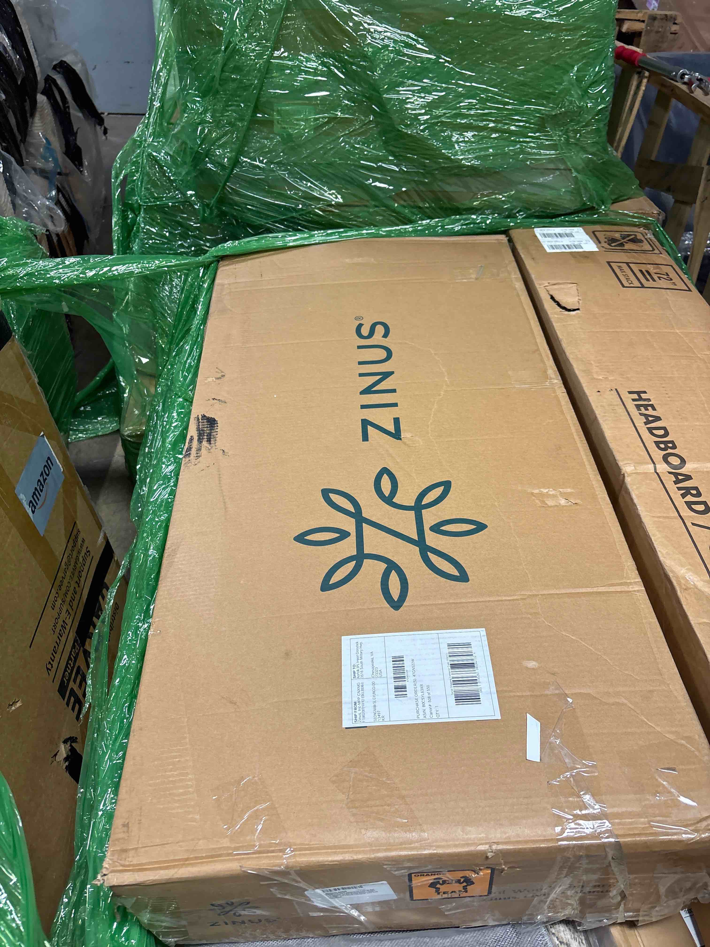 Condition photo showing Good Condition for ZINUS King Piper Upholstered Platform Bed with Horizontal Paneled Headboard, Wooden Slat Support, No Box Spring Needed, Easy Assembly, Eco Friendly Packaging, Dark Grey King Horizontal Tufted