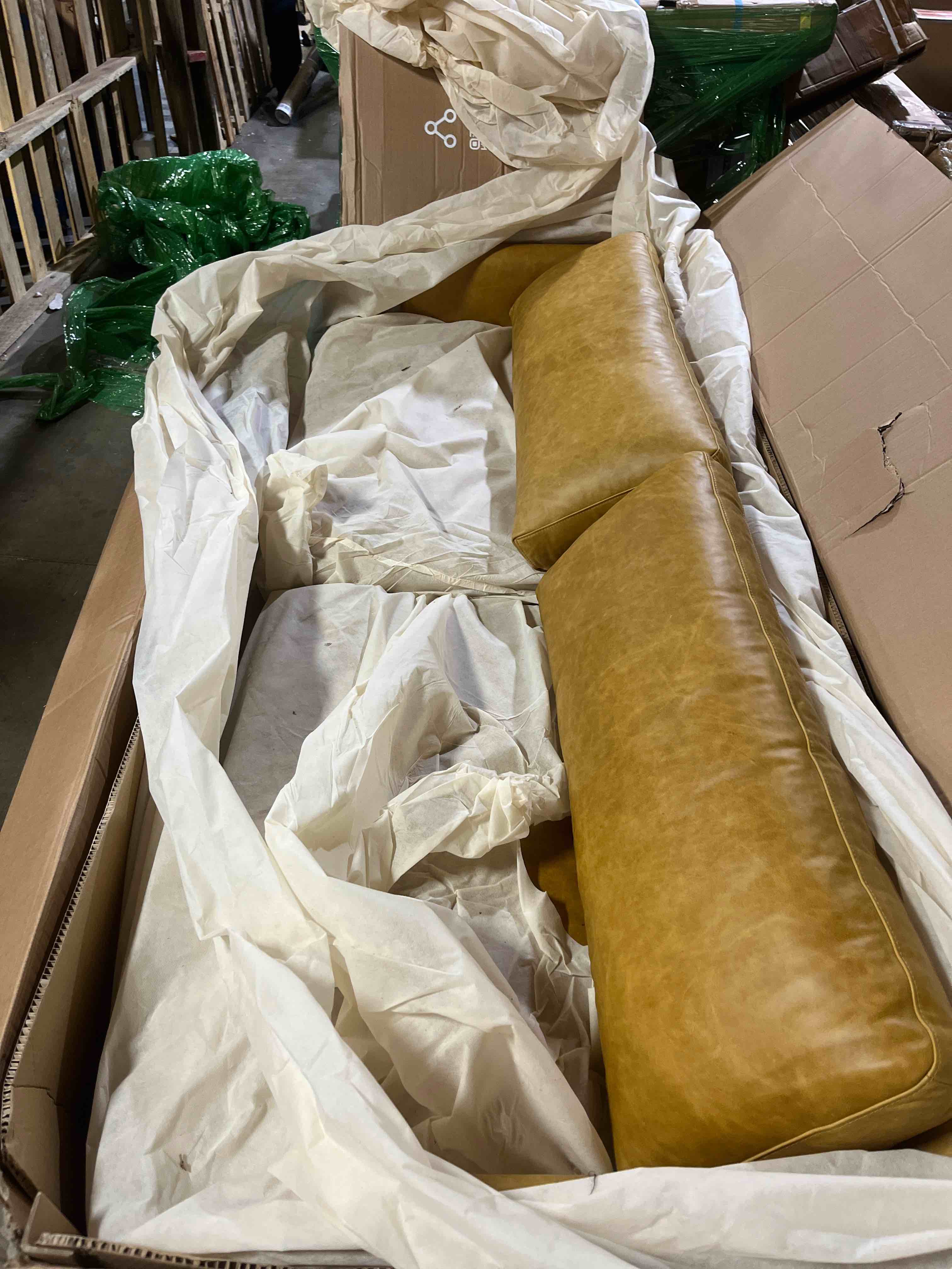 Condition photo showing New/Like New for SIMPLIHOME Livingston 90-inch Wide Sofa in Sienna Top Grain Genuine Leather, Handcrafted Mid-Century Modern Couch for Living Room, Large 3-Seater with Feather-Wrapped Cushions and Solid Wood Frame