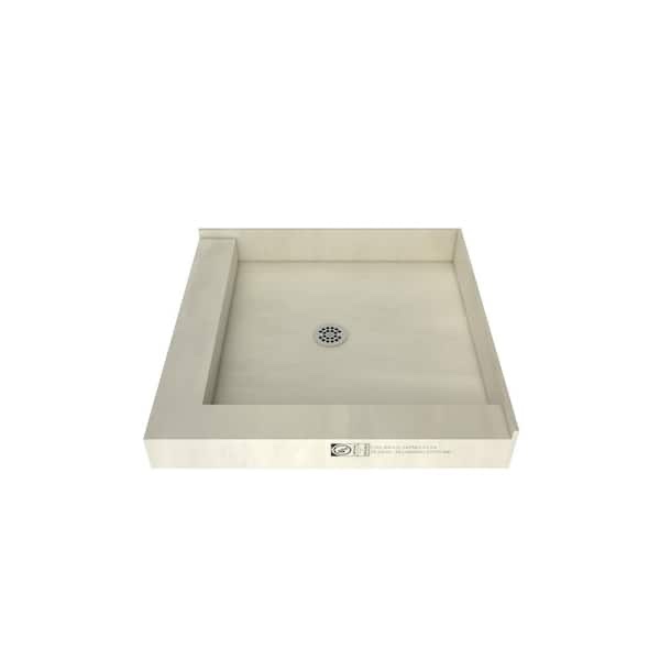 Condition photo showing New/Like New for Tile Redi Redi Base 48 in. L x 48 in. W Double Threshold Corner Shower Pan Base with Center Drain and Polished Chrome Drain Plate