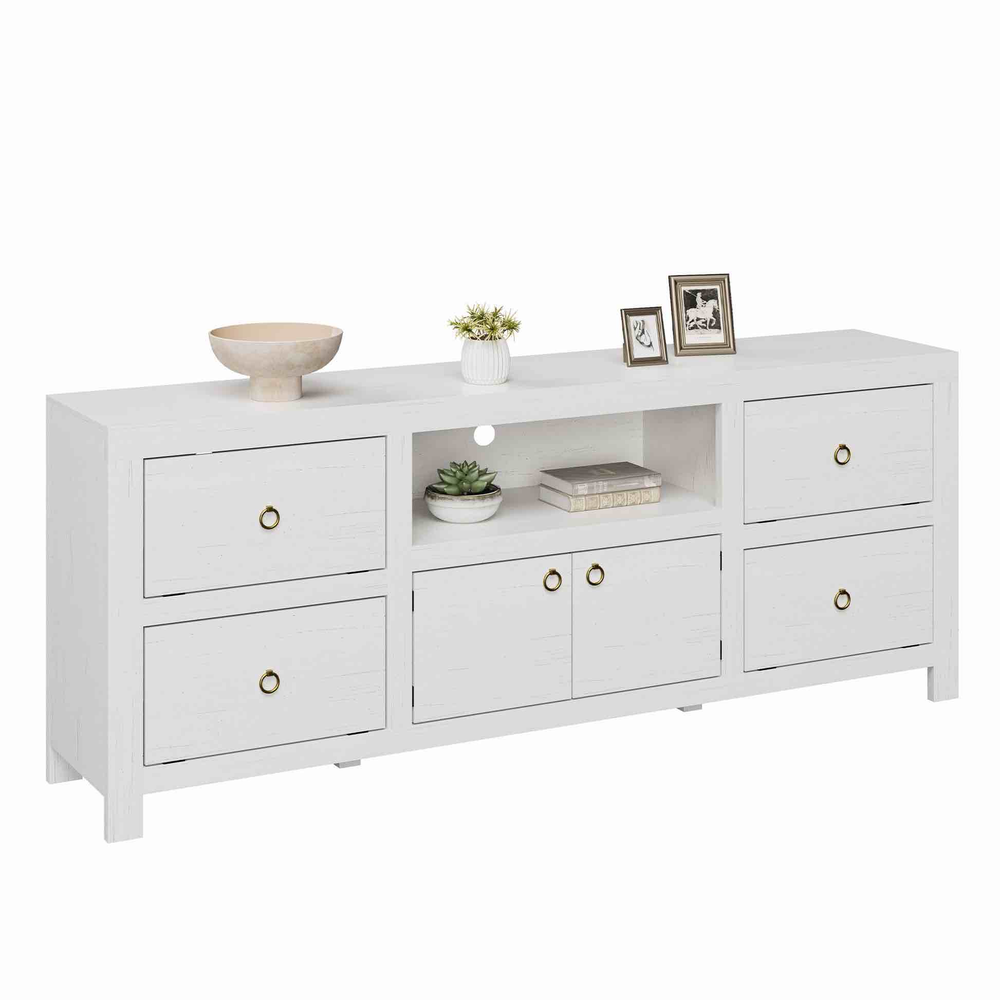 garvee farmhouse tv stand for 75/80 inch tvs, long entertainment center with 6 storage drawers & soundbar shelf, white television consoles stands for living room, bedroom