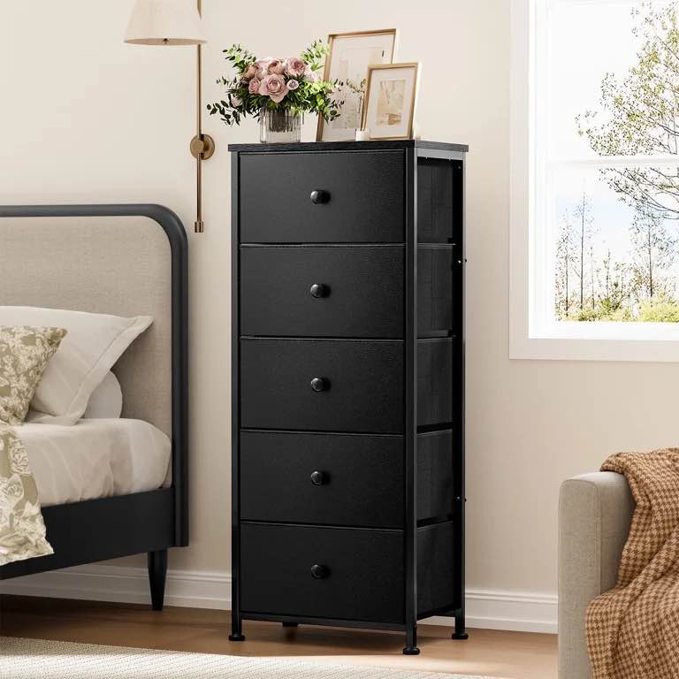 Drawer Dresser for Bedroom Tall Narrow Chest of Drawers Fabric Storage Dresser for Adults,Black