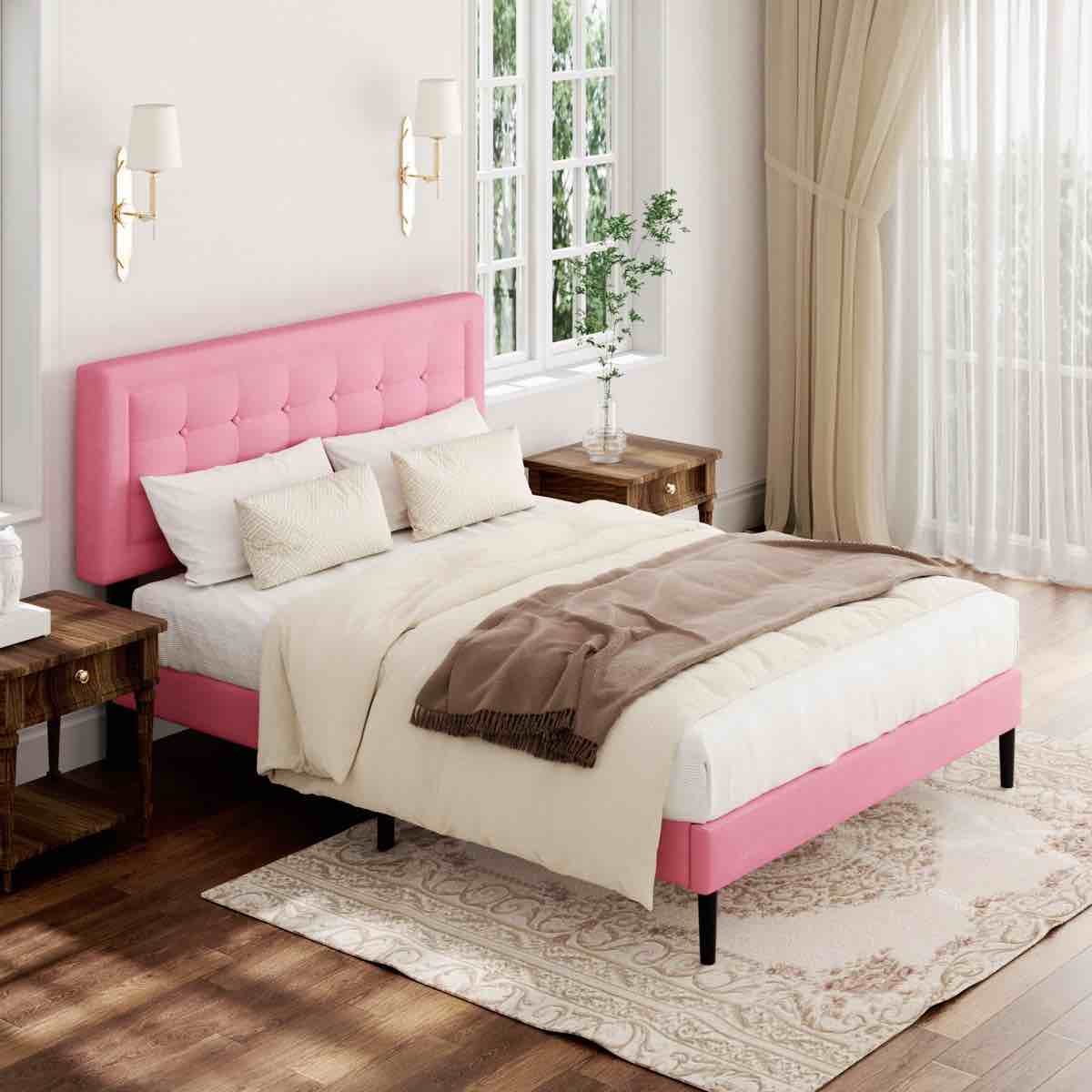 sebria bed frame with velvet upholstered square design headboard platform bed with strong wood slats by ebern designs