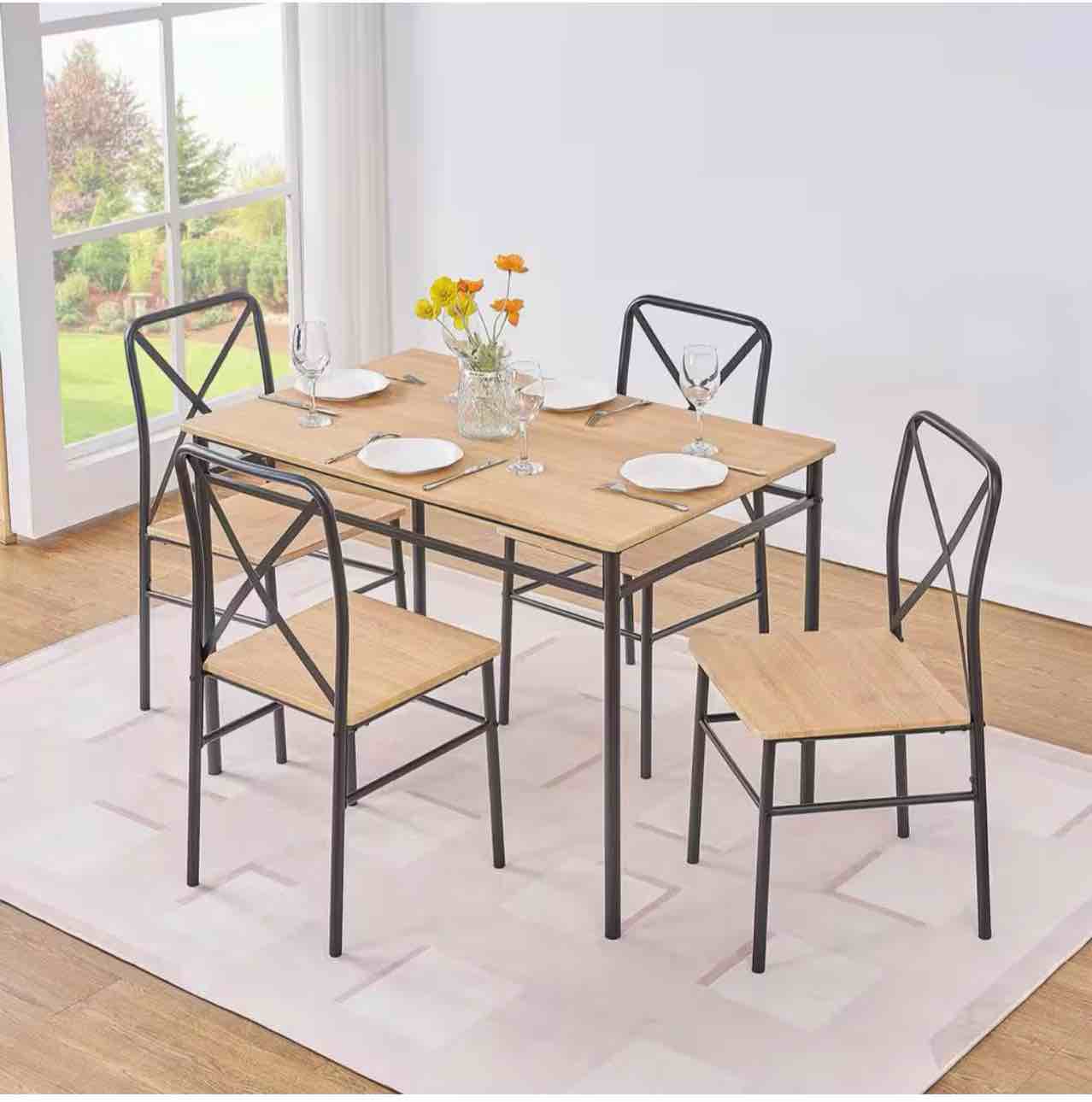 5-Piece Dining Table Set for 4-Modern Brown Wood Plus Black Metal Kitchen Breakfast Furniture 1Table, 4Chairs Dining Set