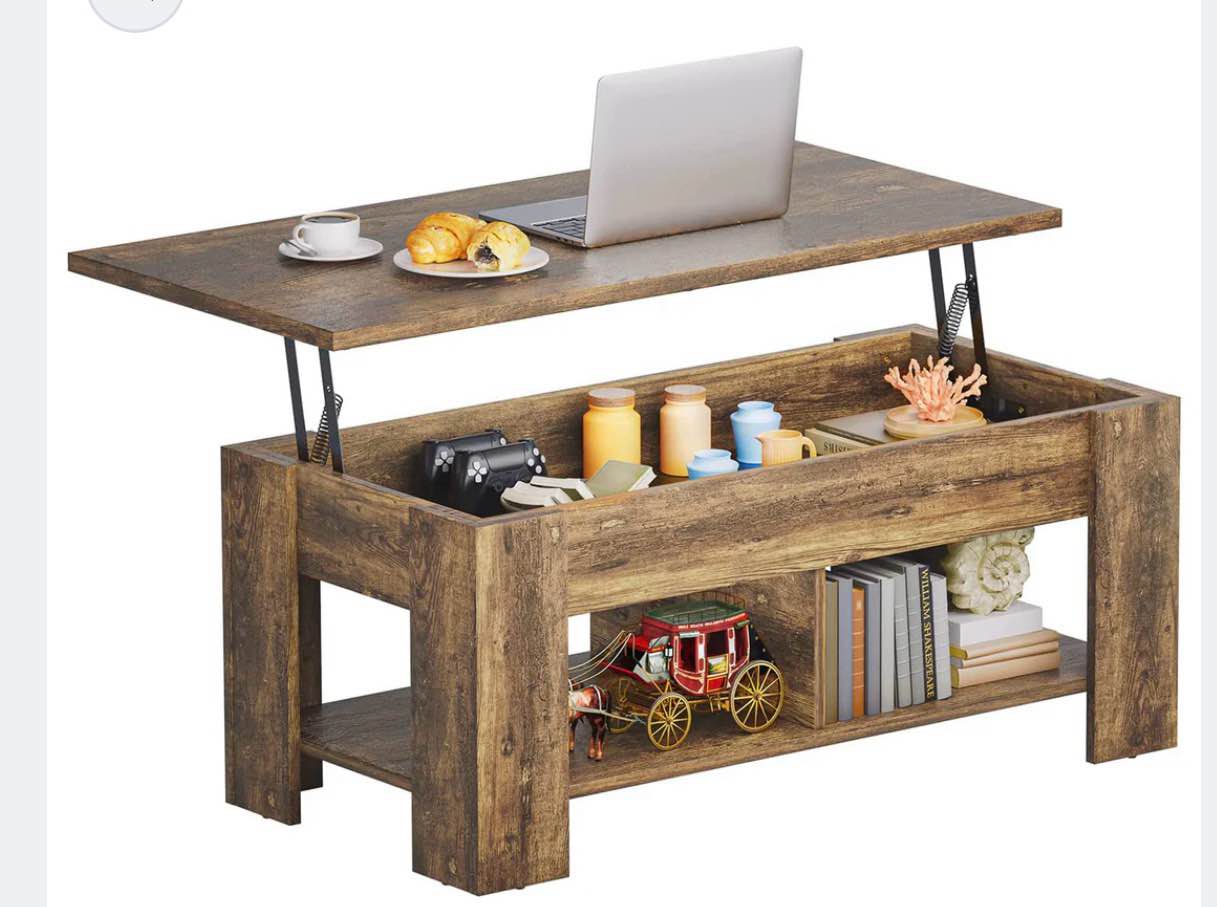 coffee table lift top with storage compartment and separated open shelves (vintage brown)