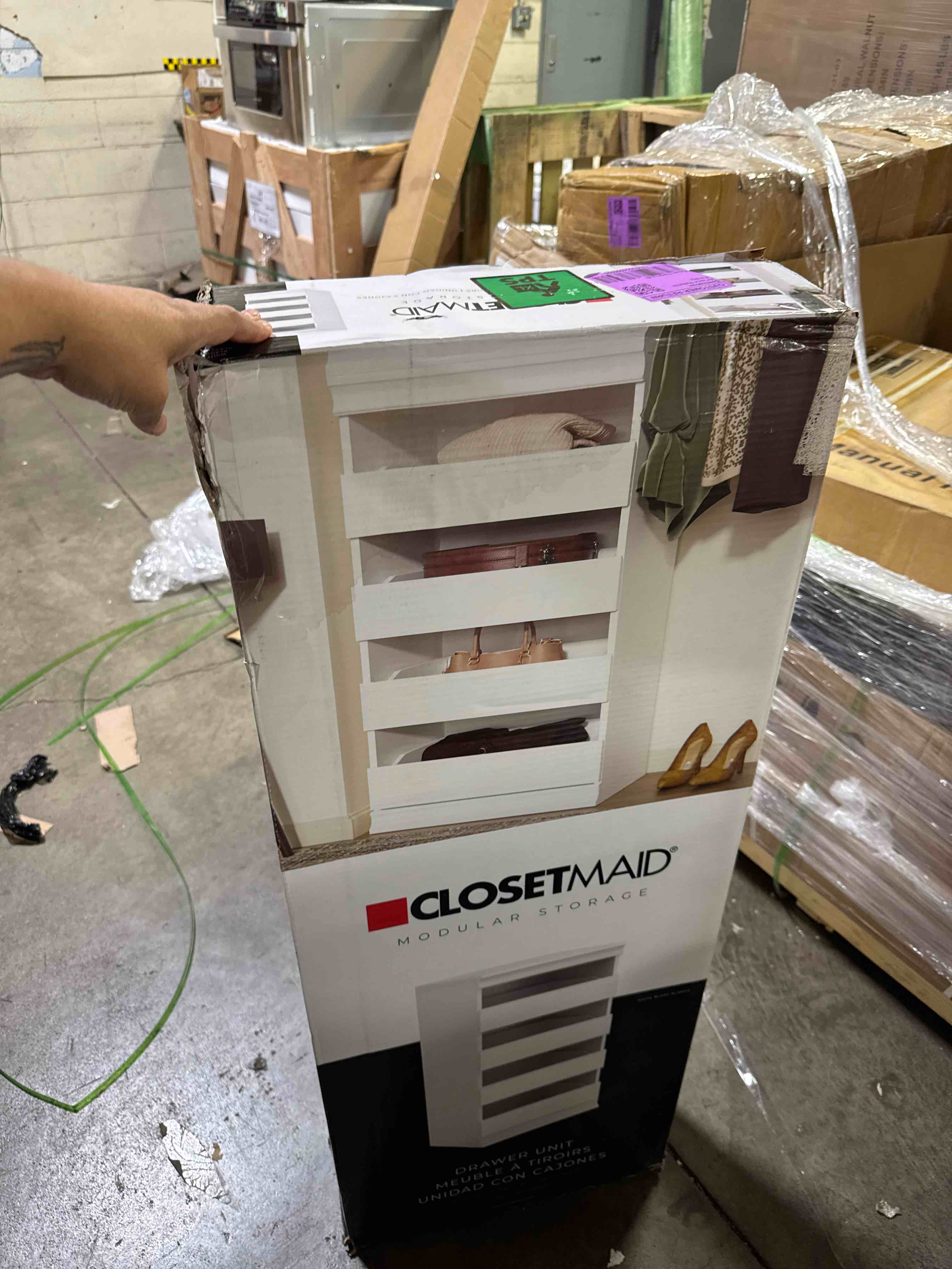 Condition photo showing New/Like New for closetmaid modular storage unit with 4 drawers, wood closet organizer, stacking, full backer, storage, decorative trim, white