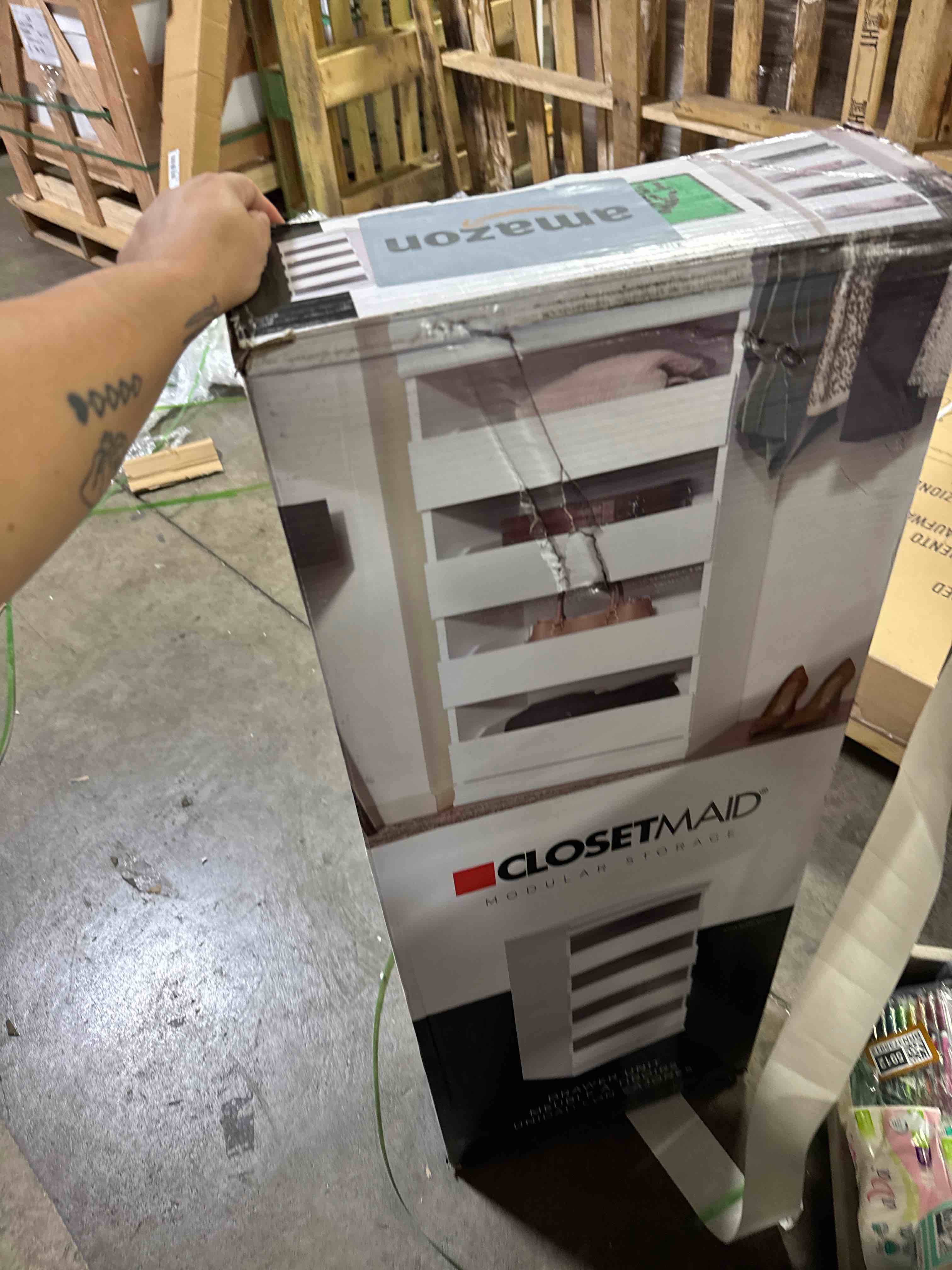 Condition photo showing New/Like New for closetmaid modular storage unit with 4 drawers, wood closet organizer, stacking, full backer, storage, decorative trim, white