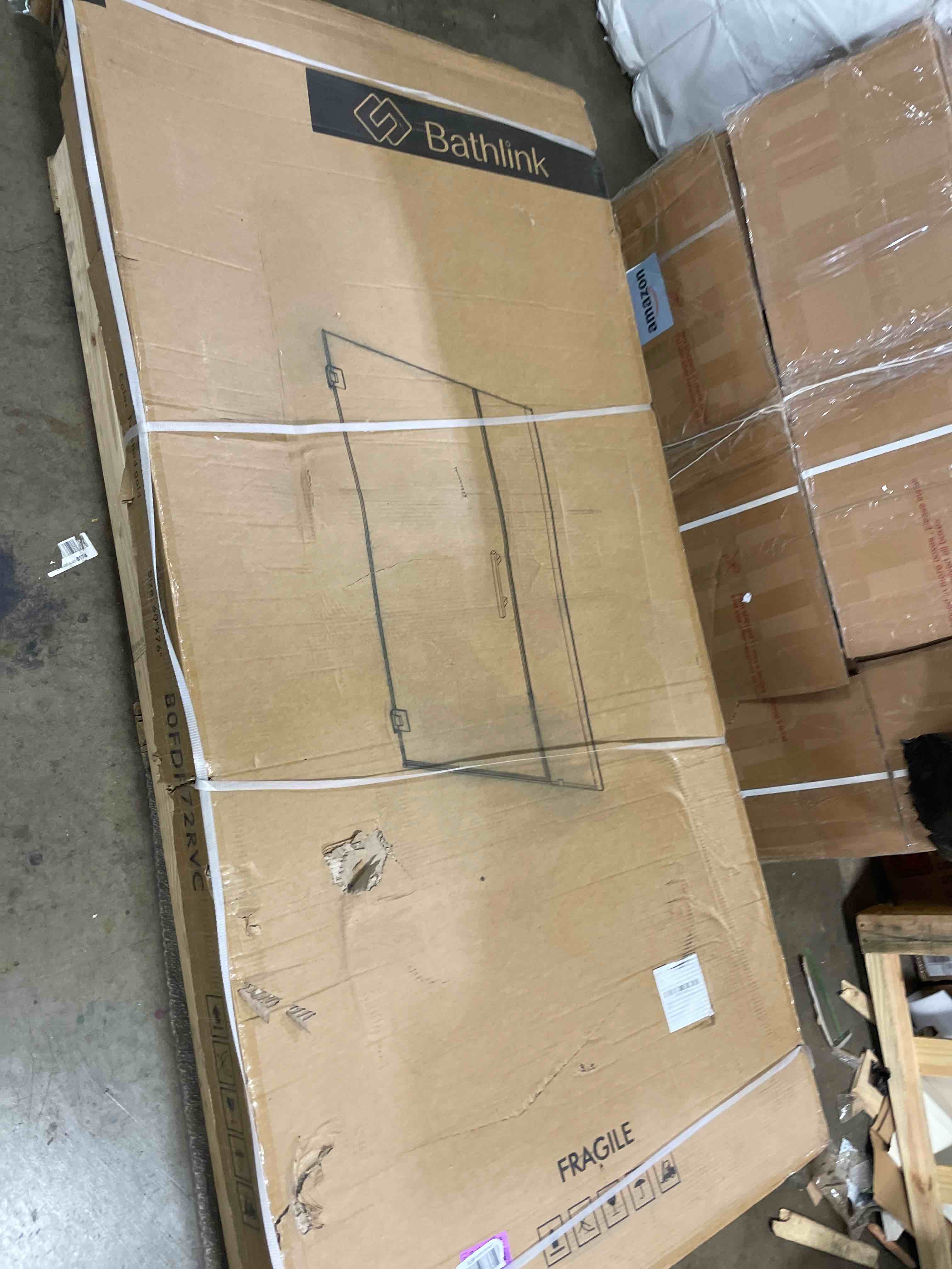 Condition photo showing New/Like New for 59-60" w x 76" h frameless pivot shower door, pivot swing shower door with clear tempered glass 5/16"(8mm), reversible, brushed gold finish, magnetic closing brushed gold 60" w×76" h