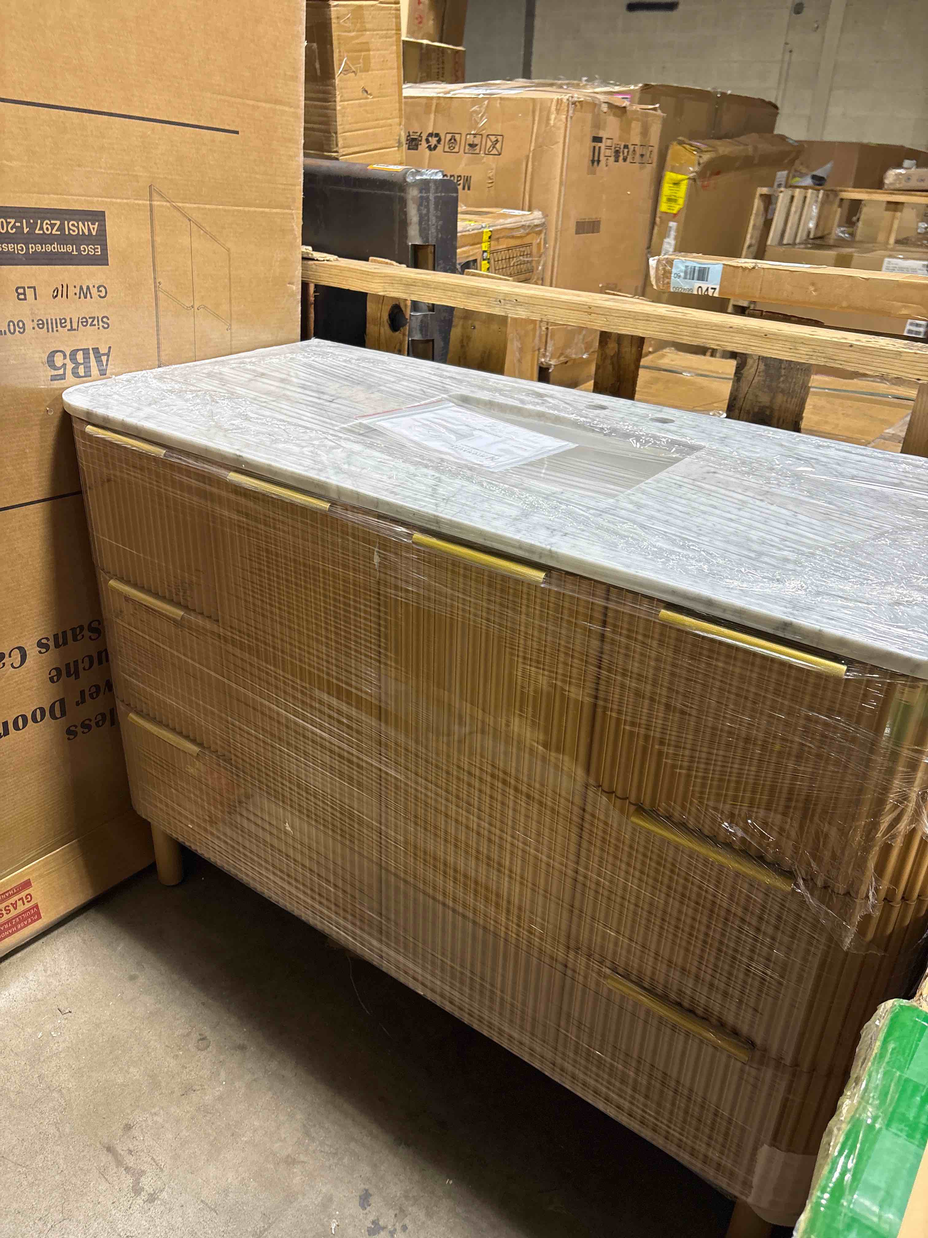 Condition photo showing New/Like New for highbury furnishings havana 48" single bathroom vanity in reeded birch | quartz countertop